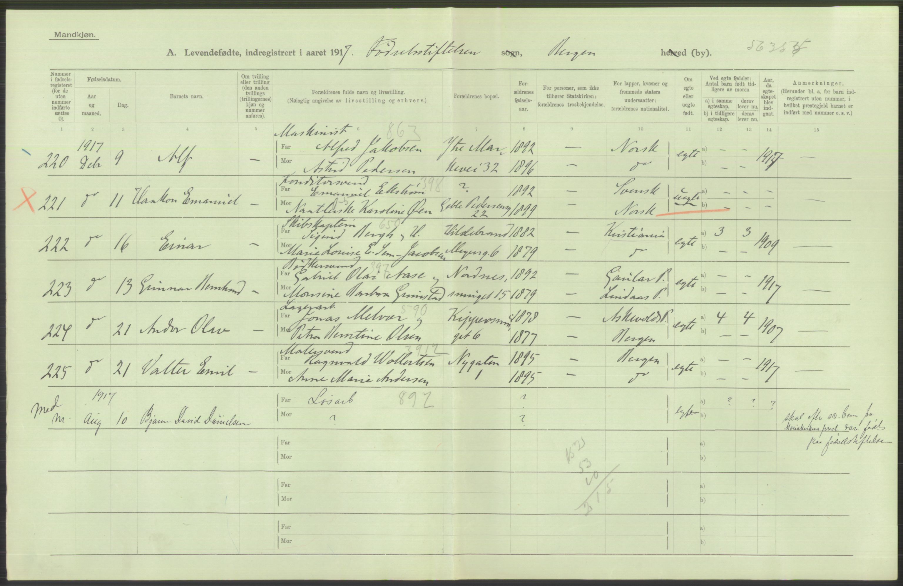 Statistisk sentralbyrå, Sosiodemografiske emner, Befolkning, AV/RA-S-2228/D/Df/Dfb/Dfbg/L0037: Bergen: Levendefødte menn og kvinner., 1917, p. 168