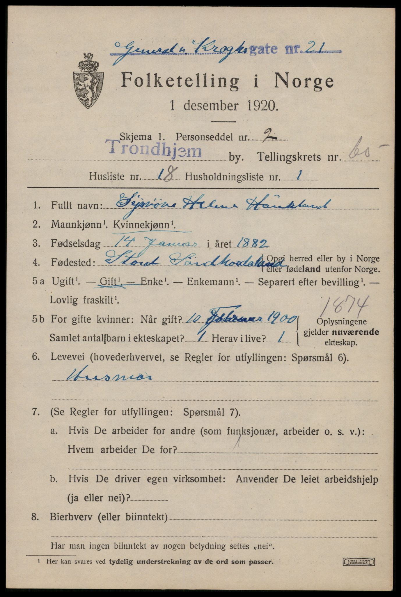 SAT, 1920 census for Trondheim, 1920, p. 129194