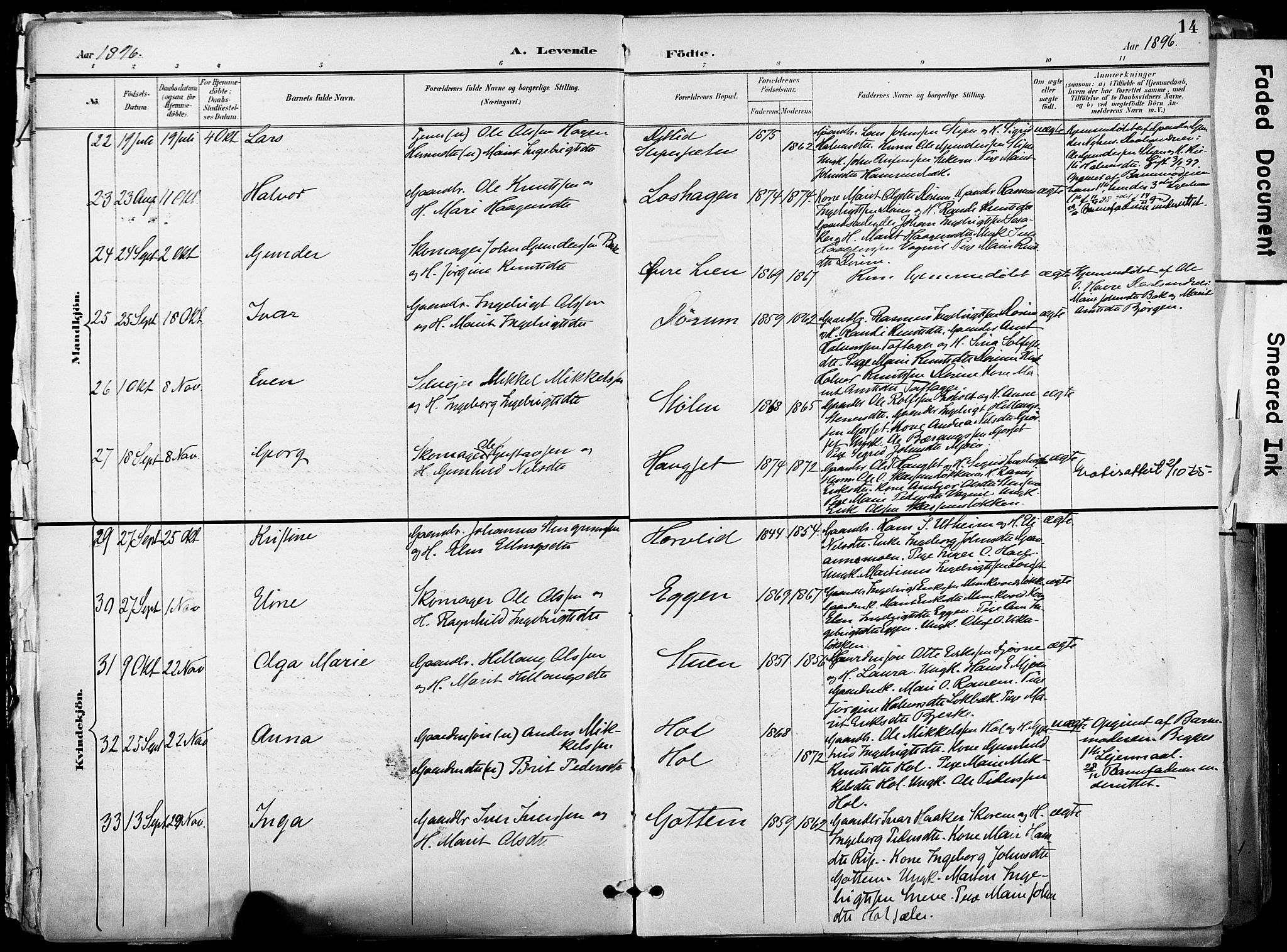 Ministerialprotokoller, klokkerbøker og fødselsregistre - Sør-Trøndelag, AV/SAT-A-1456/678/L0902: Parish register (official) no. 678A11, 1895-1911, p. 14