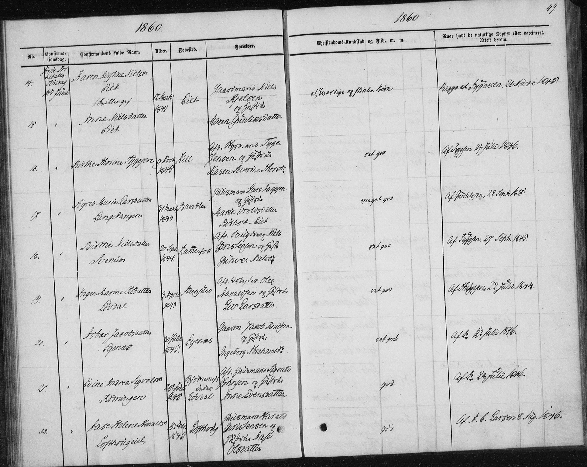 Sannidal kirkebøker, AV/SAKO-A-296/F/Fa/L0009: Parish register (official) no. 9, 1855-1873, p. 49