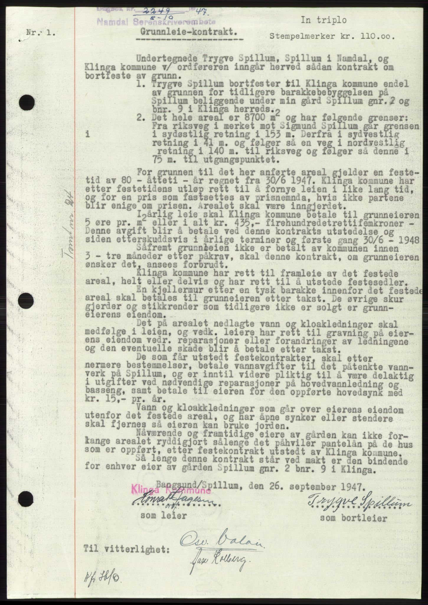 Namdal sorenskriveri, AV/SAT-A-4133/1/2/2C: Mortgage book no. -, 1947-1947, Diary no: : 2249/1947