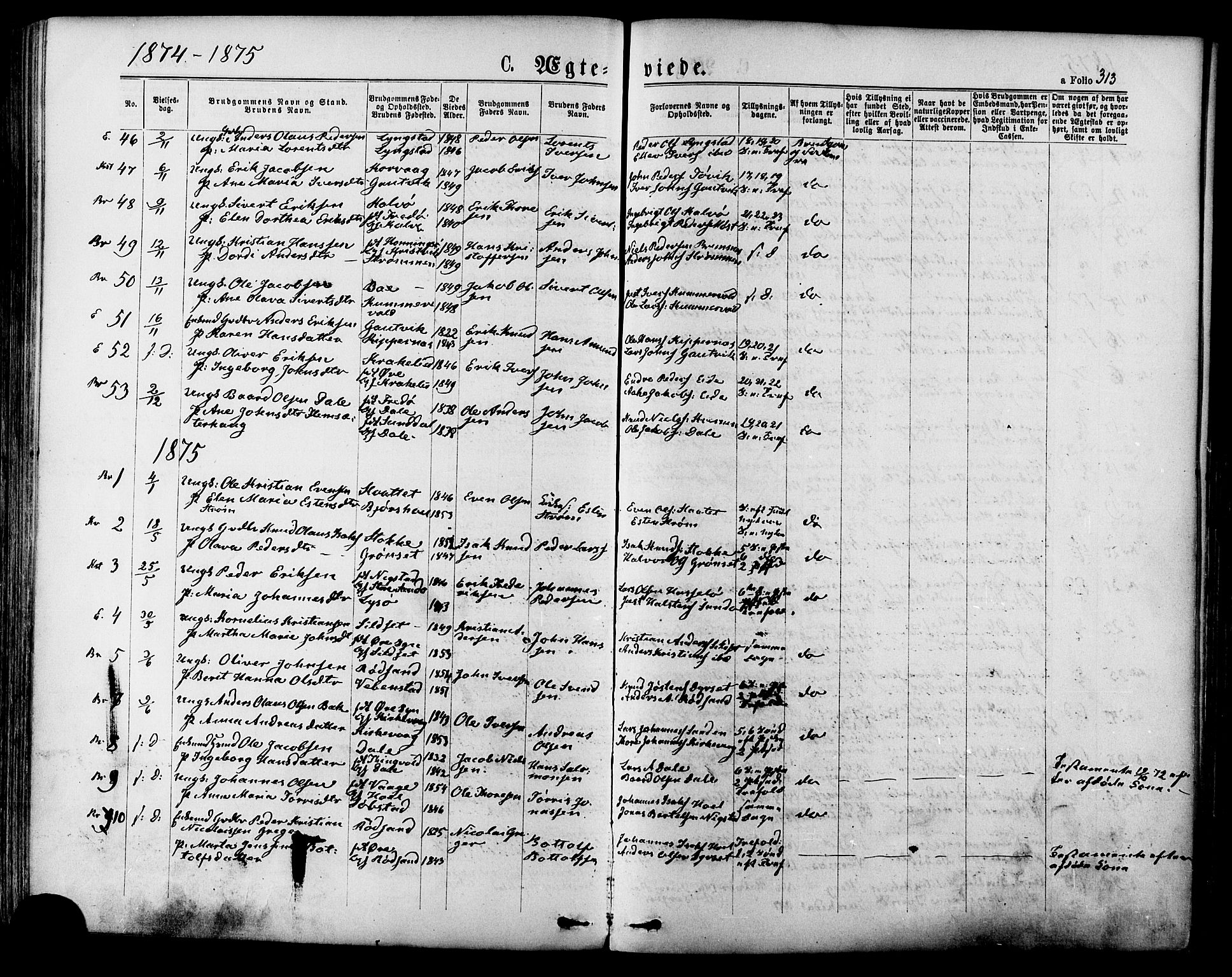 Ministerialprotokoller, klokkerbøker og fødselsregistre - Møre og Romsdal, SAT/A-1454/568/L0805: Parish register (official) no. 568A12 /1, 1869-1884, p. 313