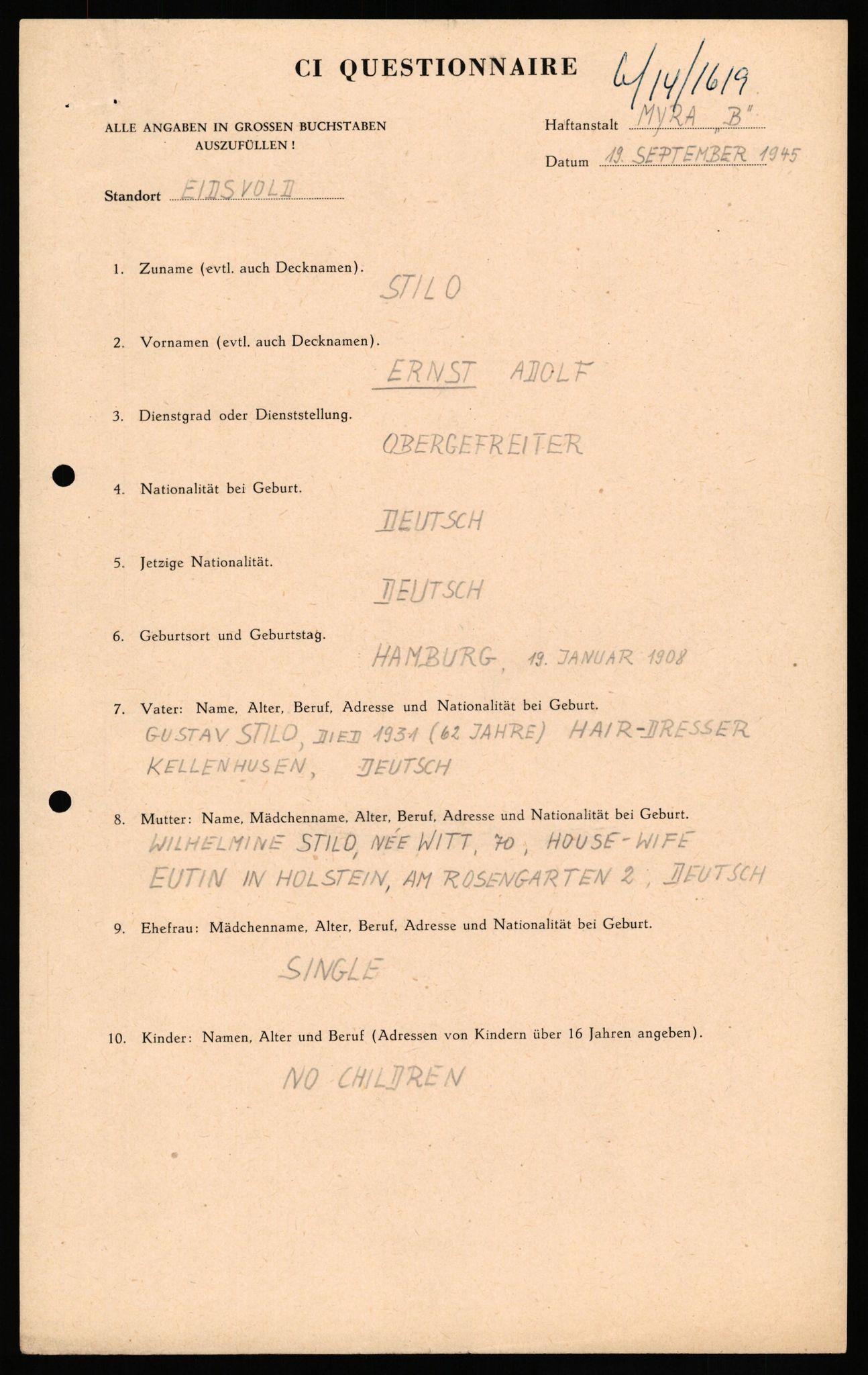 Forsvaret, Forsvarets overkommando II, AV/RA-RAFA-3915/D/Db/L0033: CI Questionaires. Tyske okkupasjonsstyrker i Norge. Tyskere., 1945-1946, p. 80