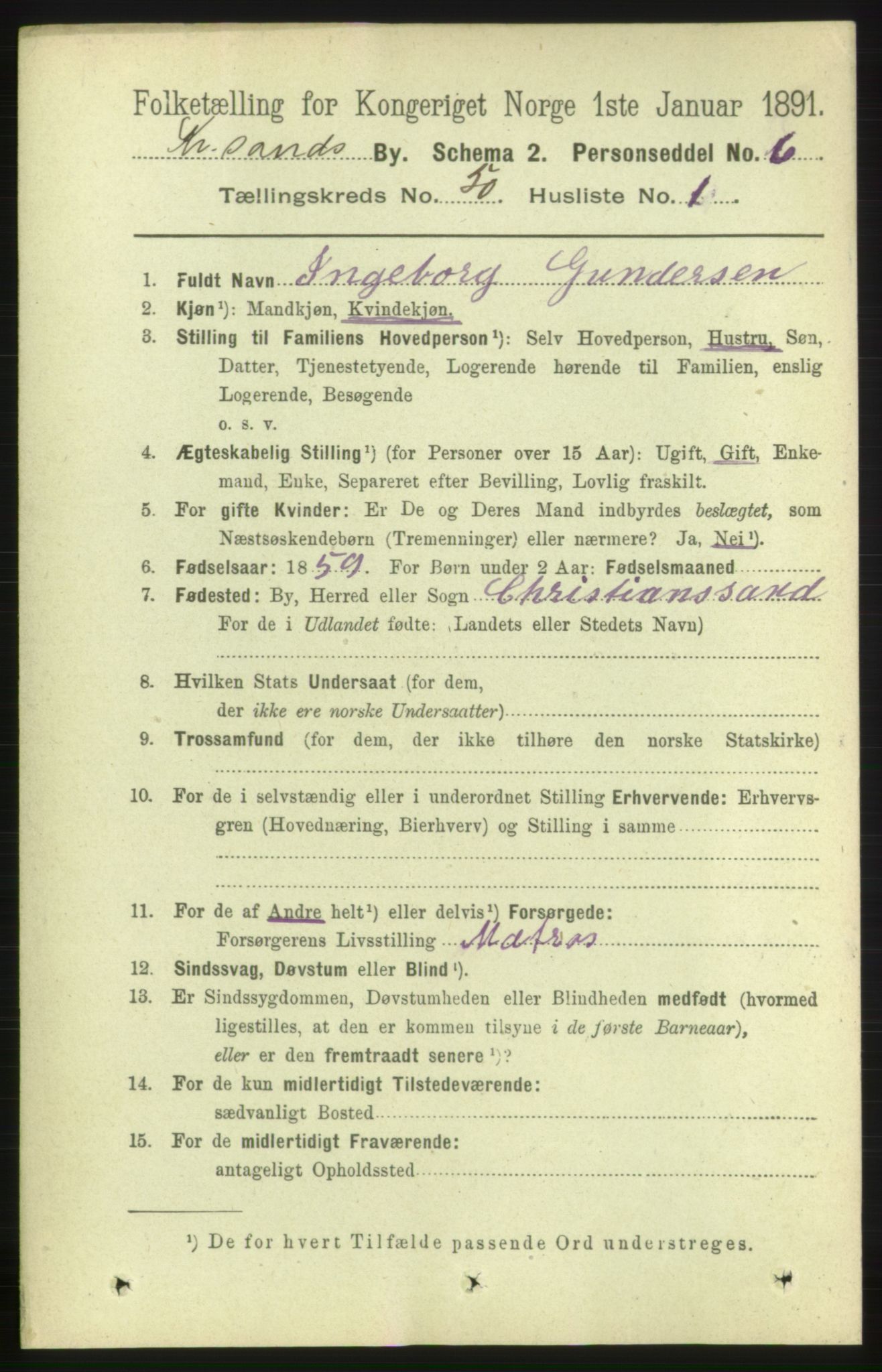 RA, 1891 census for 1001 Kristiansand, 1891, p. 14891