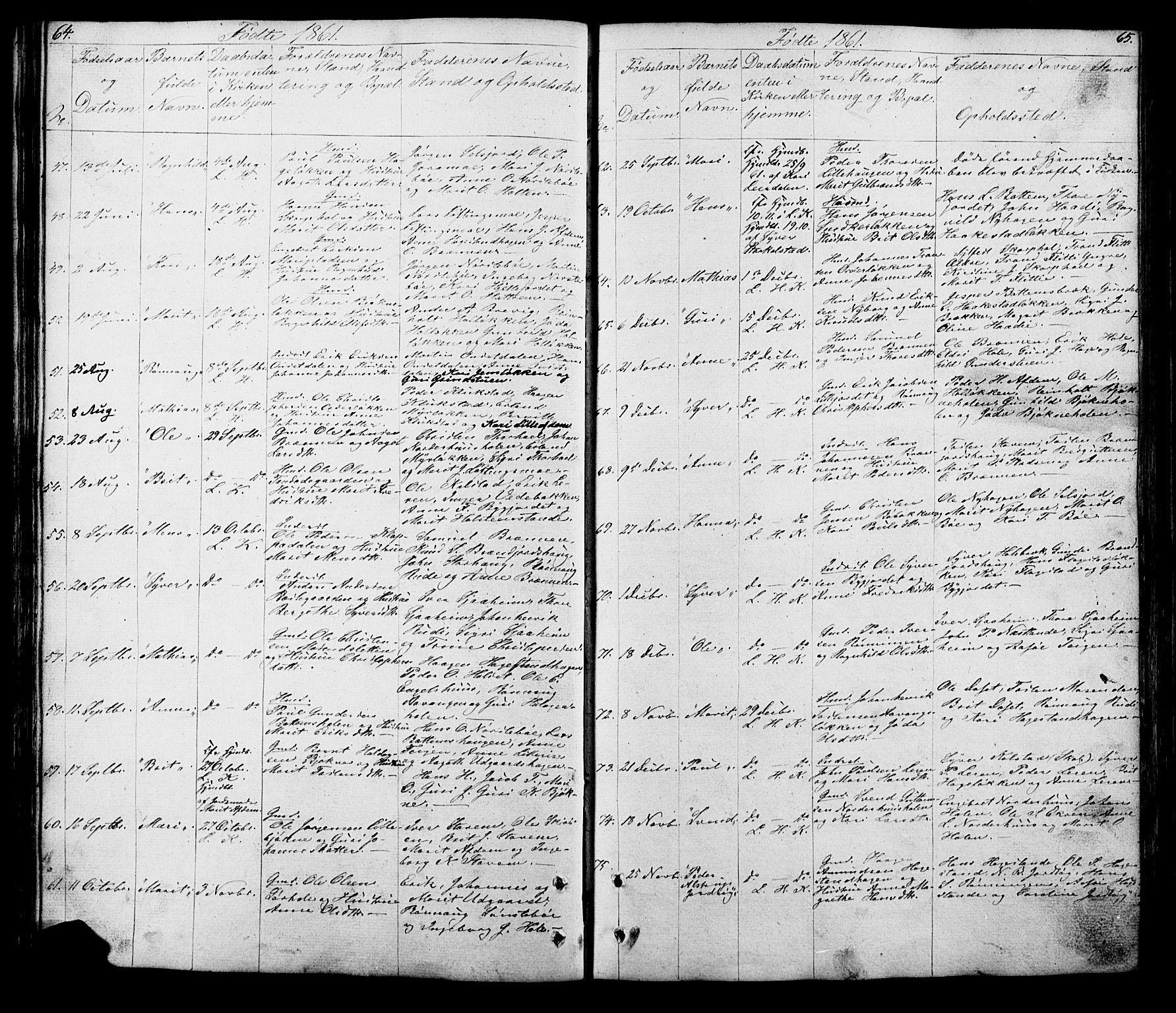Lesja prestekontor, SAH/PREST-068/H/Ha/Hab/L0005: Parish register (copy) no. 5, 1850-1894, p. 64-65