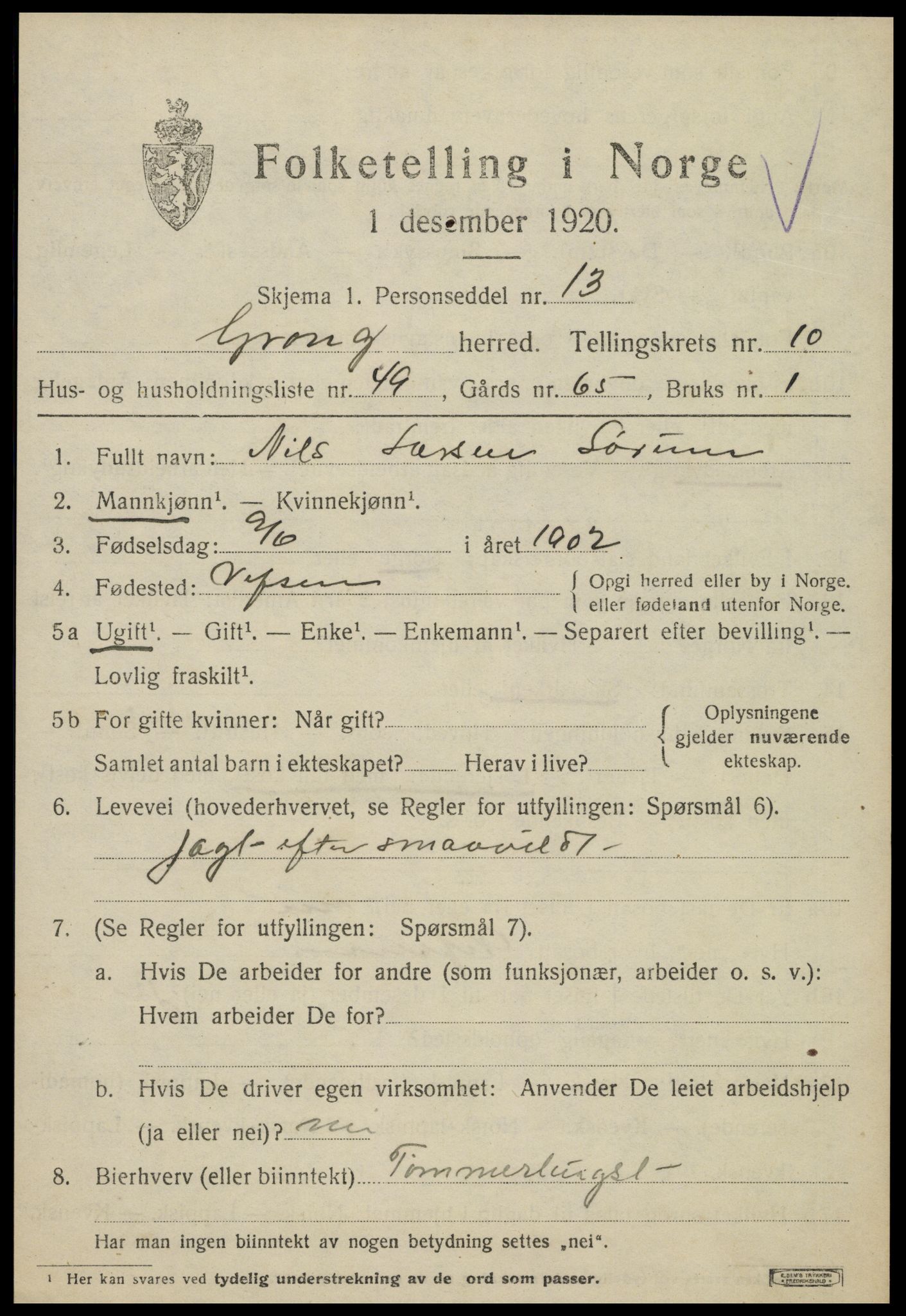 SAT, 1920 census for Grong, 1920, p. 6245