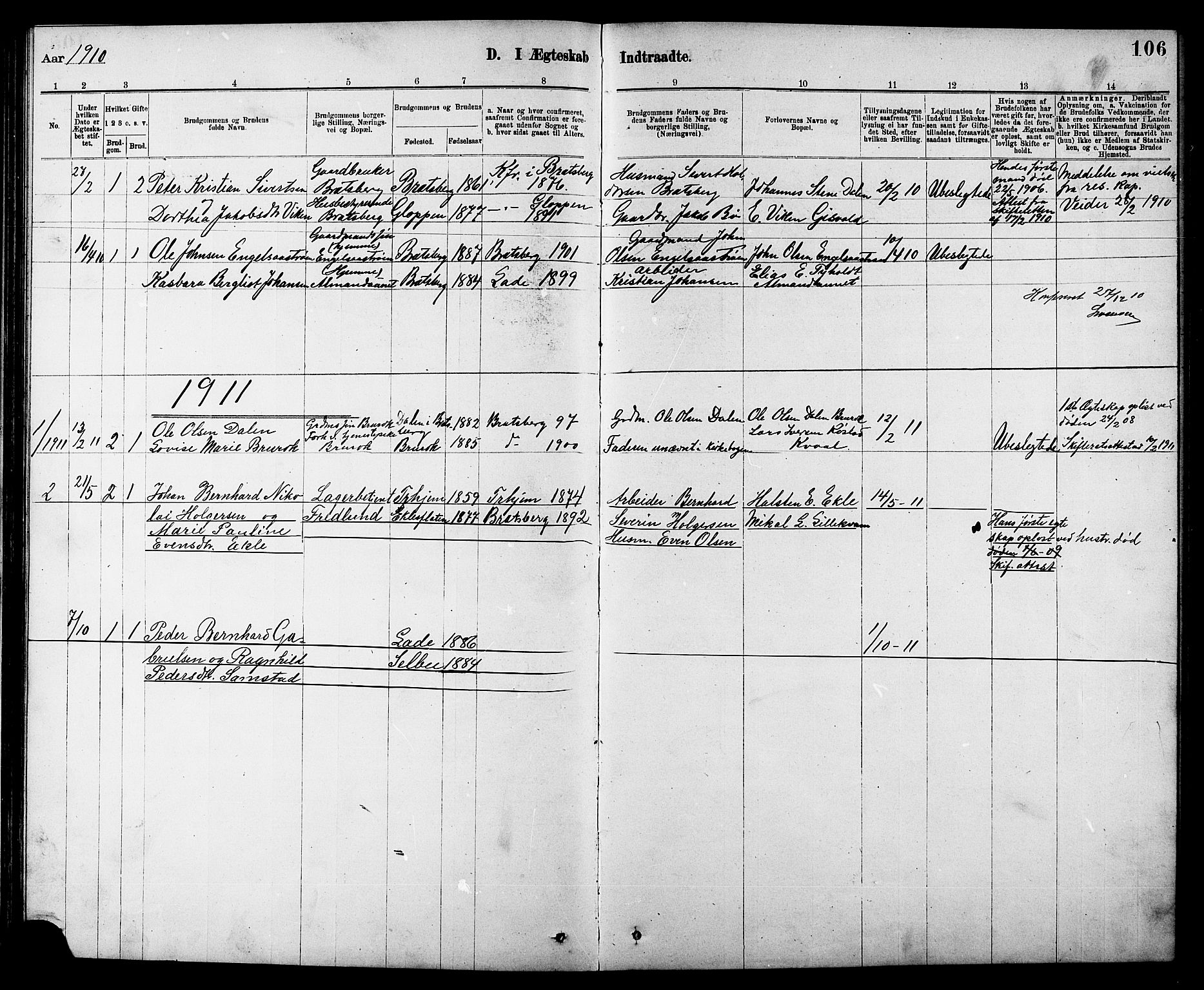 Ministerialprotokoller, klokkerbøker og fødselsregistre - Sør-Trøndelag, SAT/A-1456/608/L0341: Parish register (copy) no. 608C07, 1890-1912, p. 106
