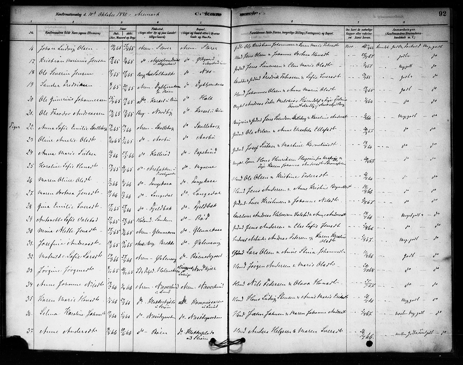 Aremark prestekontor Kirkebøker, AV/SAO-A-10899/F/Fa/L0005: Parish register (official) no. I 5, 1878-1897, p. 92