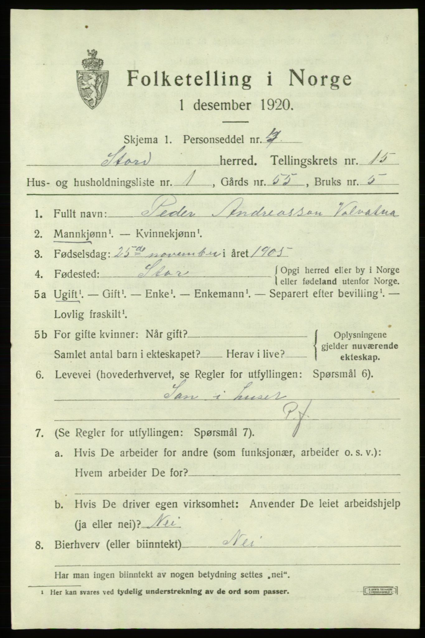 SAB, 1920 census for Stord, 1920, p. 8211