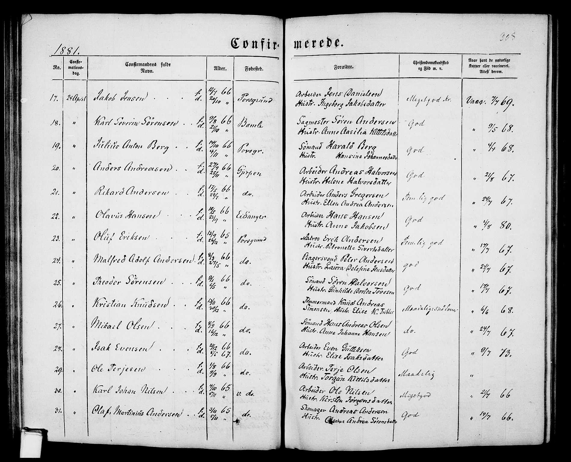 Porsgrunn kirkebøker , AV/SAKO-A-104/G/Gb/L0004: Parish register (copy) no. II 4, 1853-1882, p. 308