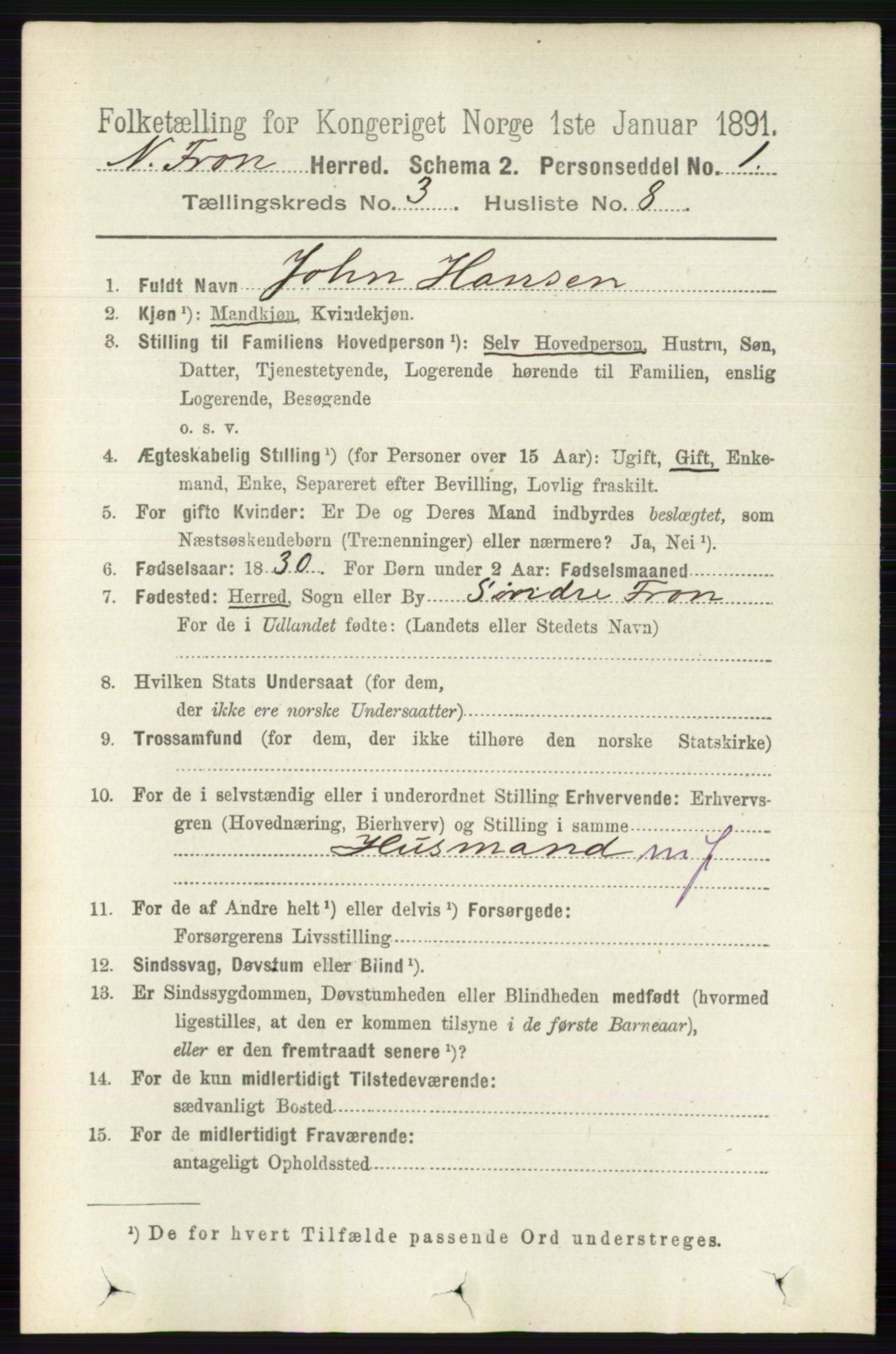 RA, 1891 census for 0518 Nord-Fron, 1891, p. 889