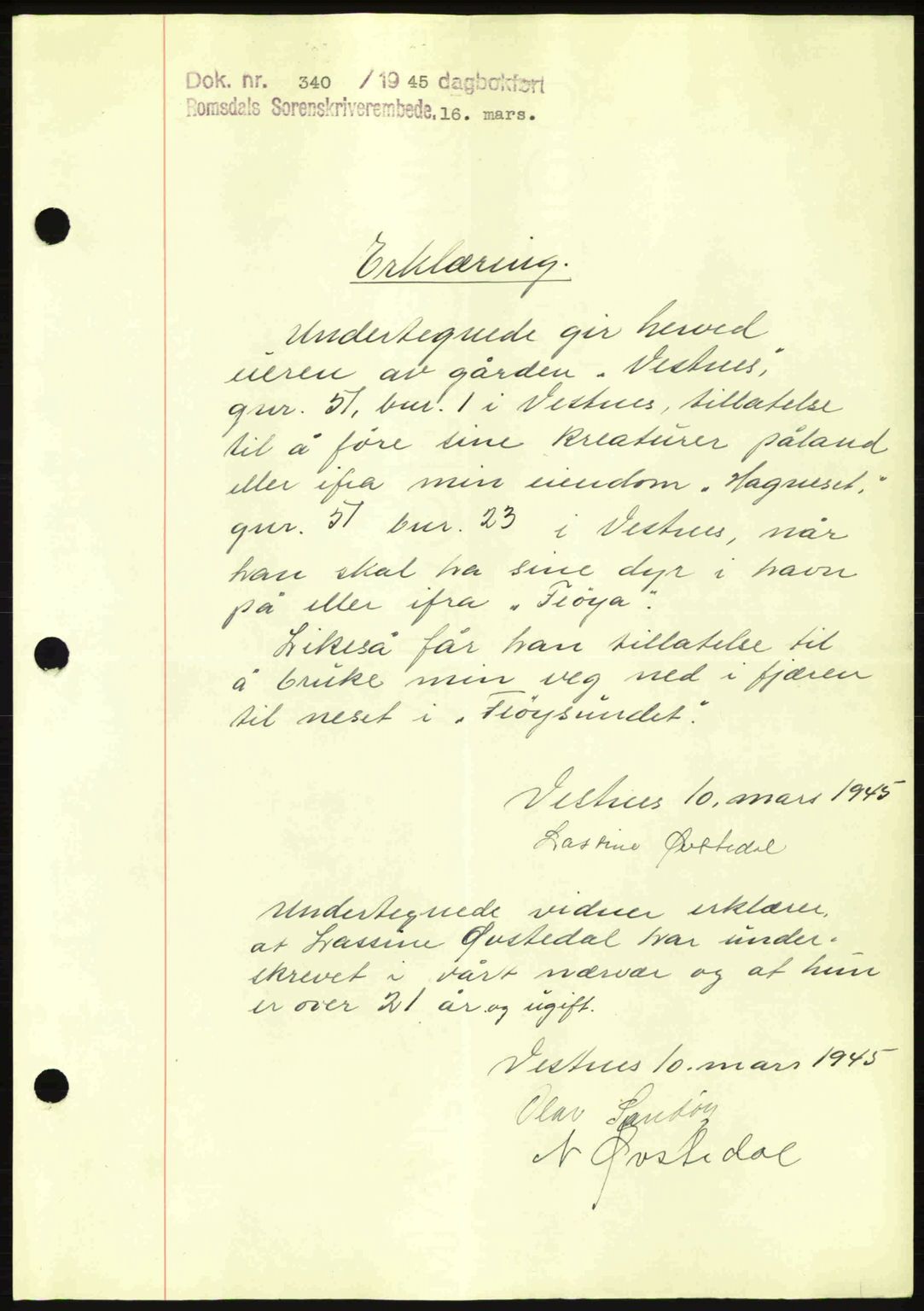 Romsdal sorenskriveri, AV/SAT-A-4149/1/2/2C: Mortgage book no. A17, 1944-1945, Diary no: : 340/1945