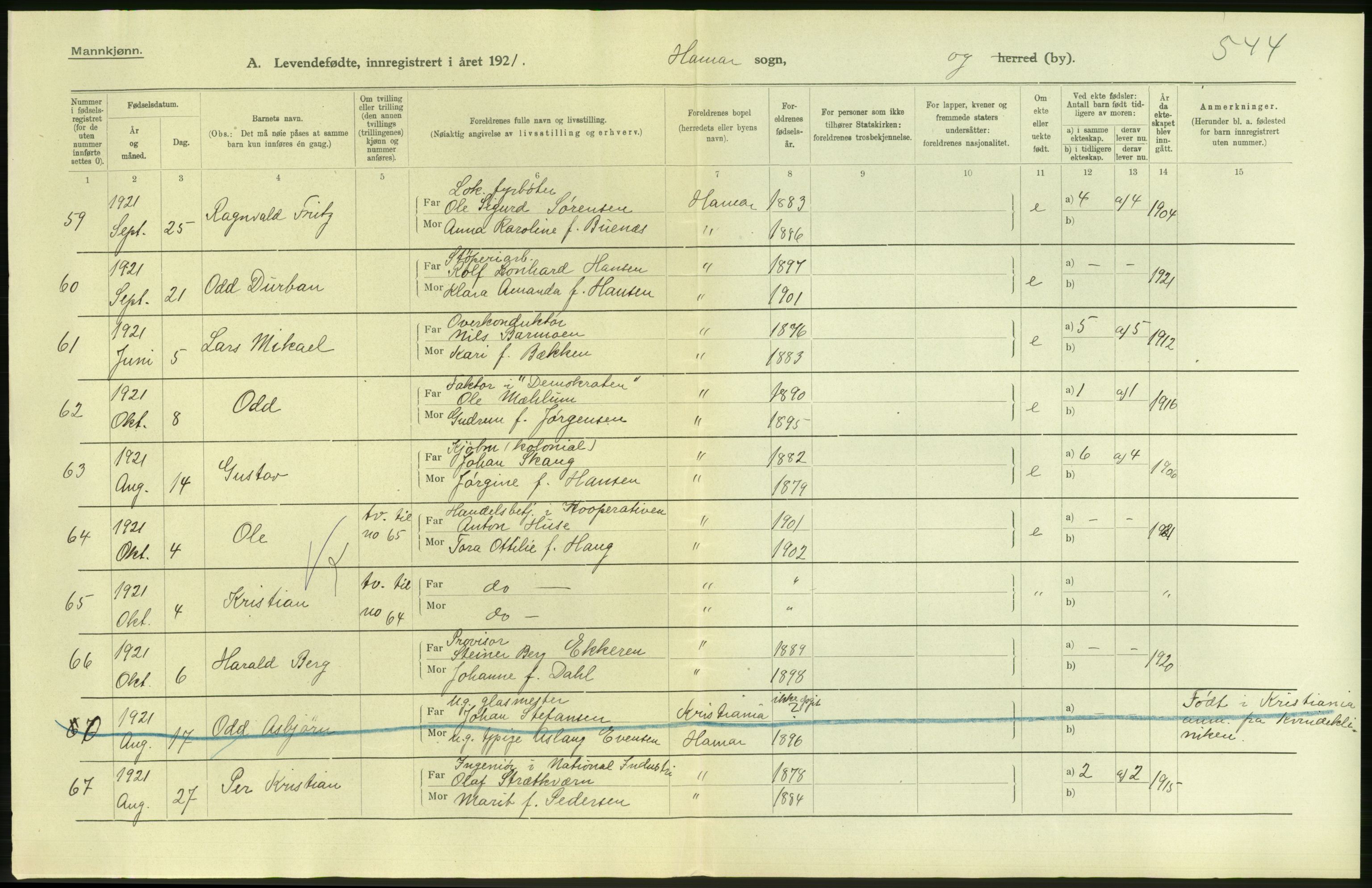 Statistisk sentralbyrå, Sosiodemografiske emner, Befolkning, AV/RA-S-2228/D/Df/Dfc/Dfca/L0015: Hedemark fylke: Levendefødte menn og kvinner. Byer, 1921, p. 6