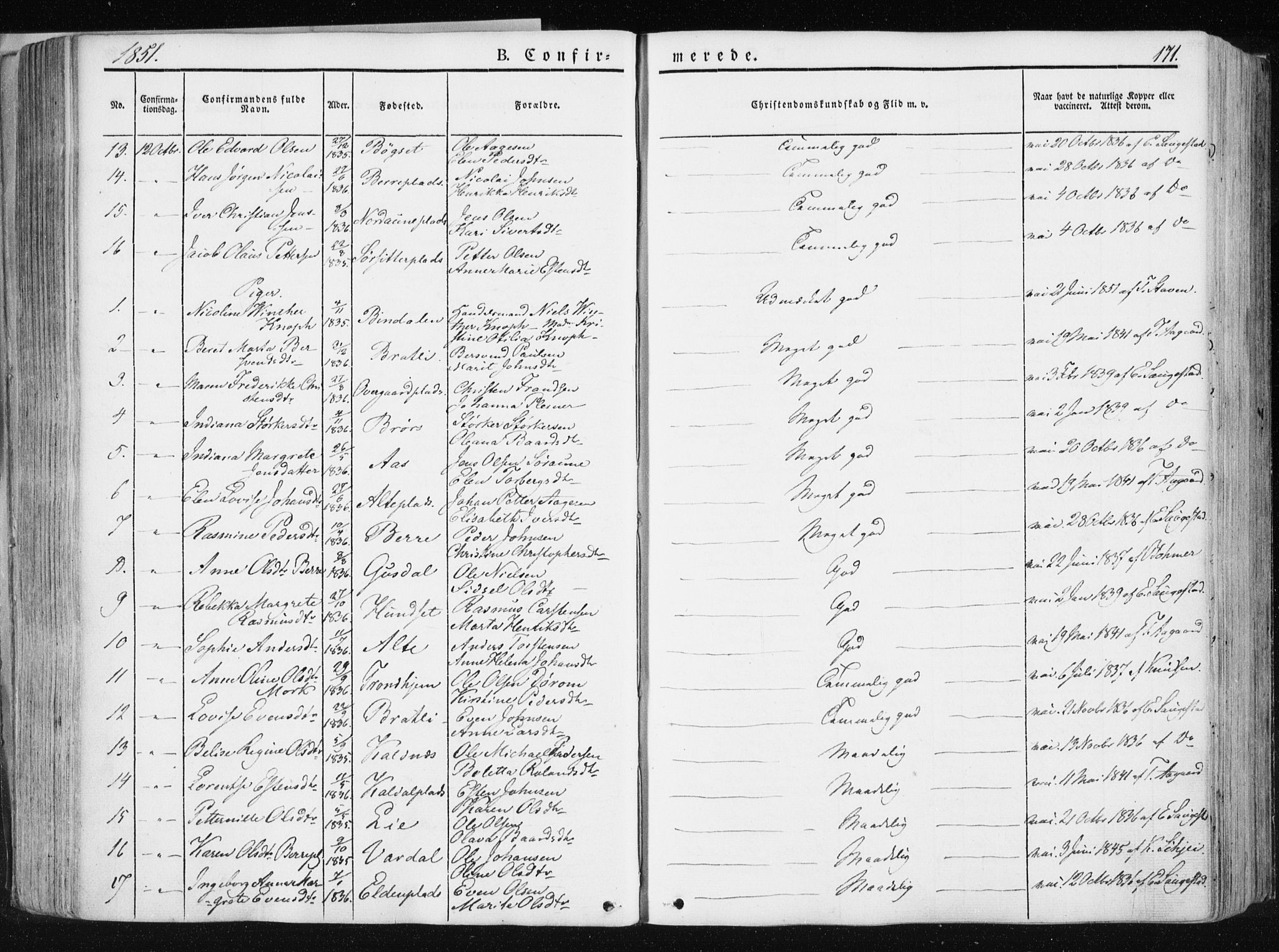 Ministerialprotokoller, klokkerbøker og fødselsregistre - Nord-Trøndelag, AV/SAT-A-1458/741/L0393: Parish register (official) no. 741A07, 1849-1863, p. 171