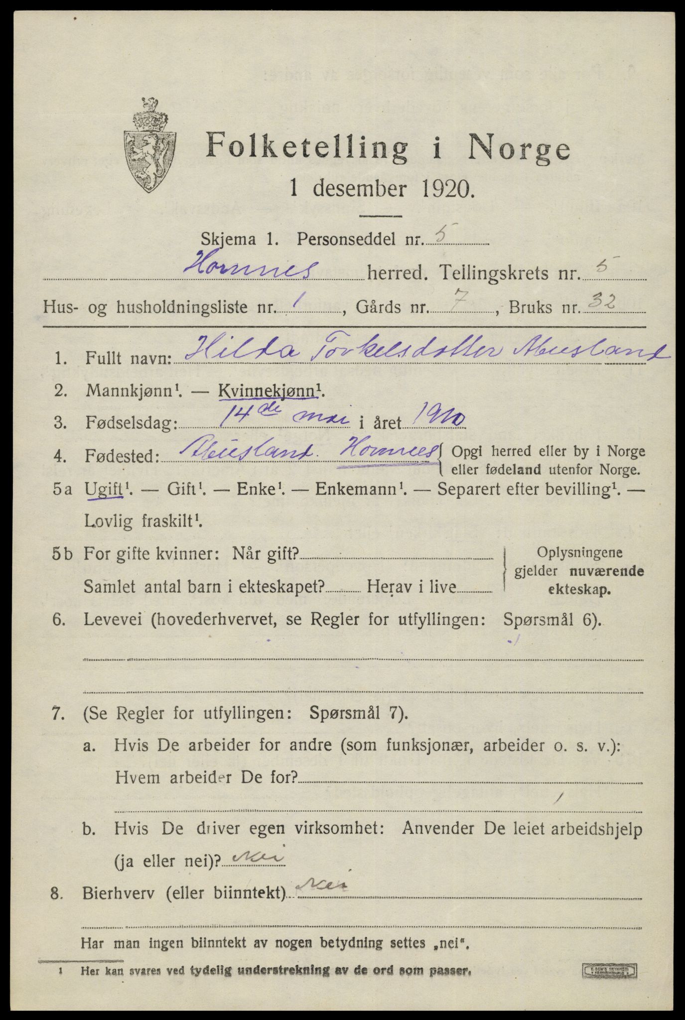 SAK, 1920 census for Hornnes, 1920, p. 1343