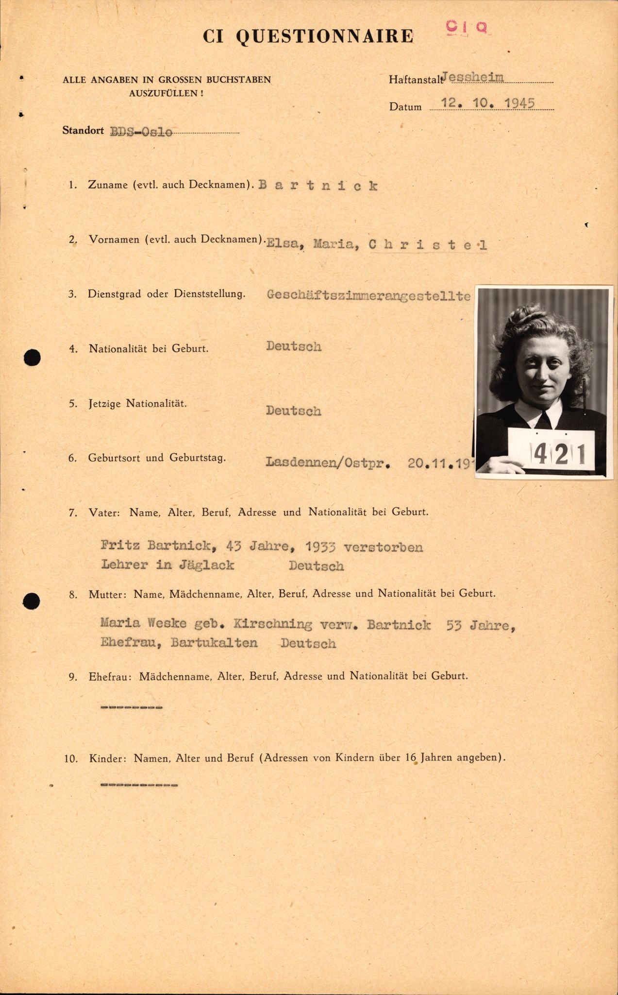 Forsvaret, Forsvarets overkommando II, RA/RAFA-3915/D/Db/L0002: CI Questionaires. Tyske okkupasjonsstyrker i Norge. Tyskere., 1945-1946, p. 174