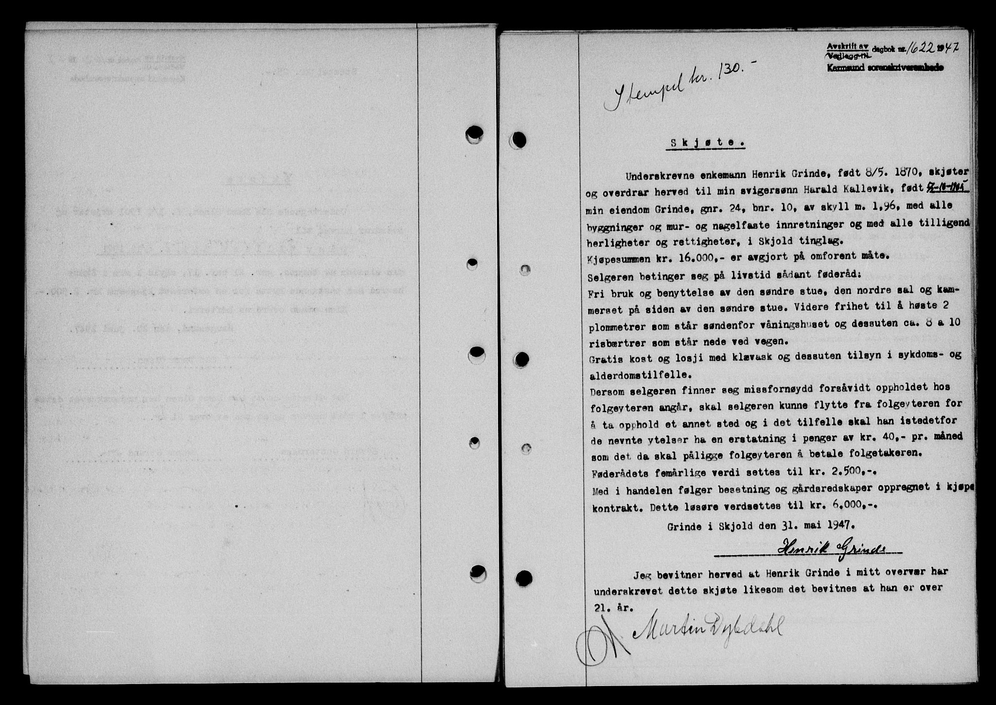 Karmsund sorenskriveri, SAST/A-100311/01/II/IIB/L0090: Mortgage book no. 70A, 1947-1947, Diary no: : 1622/1947