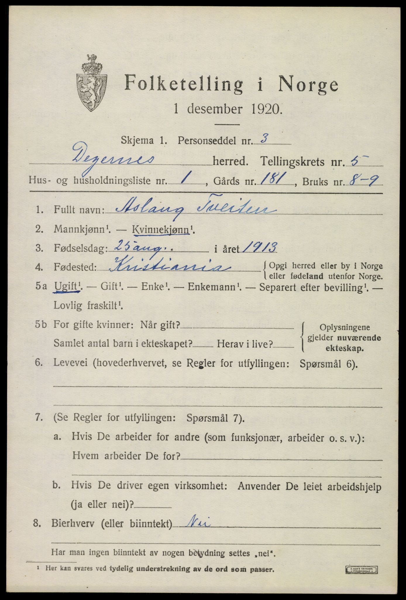 SAO, 1920 census for Degernes, 1920, p. 2744