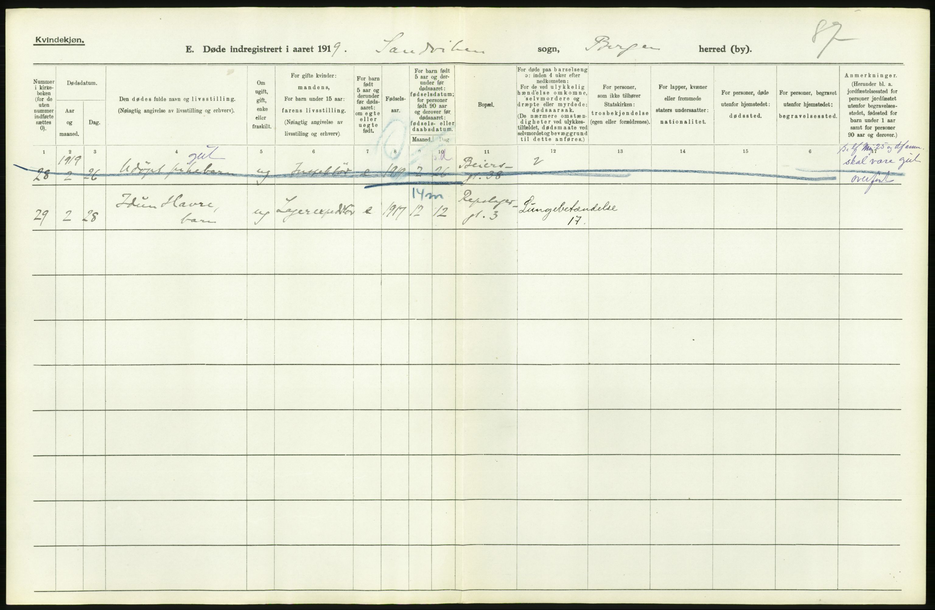 Statistisk sentralbyrå, Sosiodemografiske emner, Befolkning, RA/S-2228/D/Df/Dfb/Dfbi/L0035: Bergen: Gifte, døde, dødfødte., 1919, p. 480