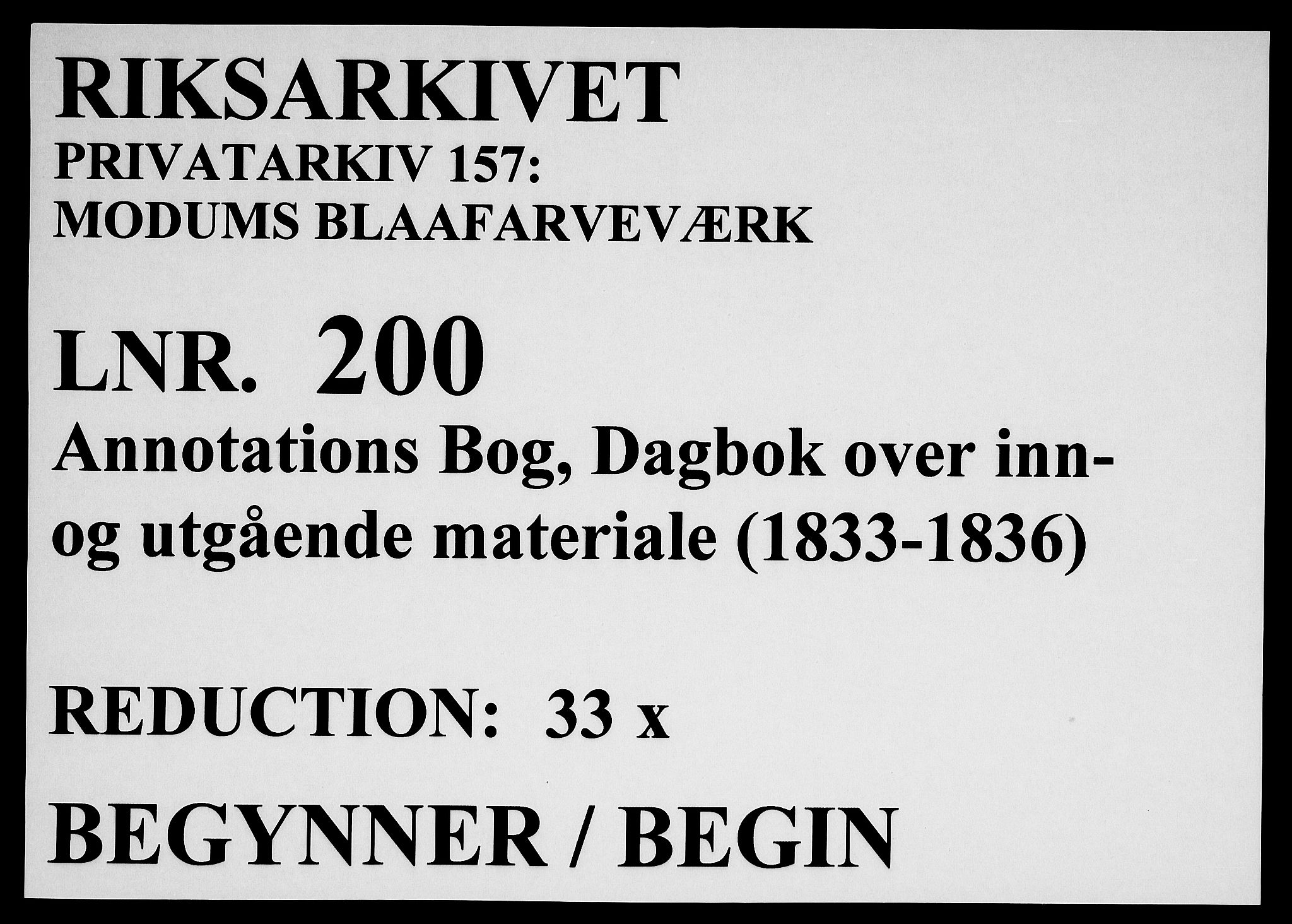 Modums Blaafarveværk, RA/PA-0157/G/Gd/Gdb/L0200: Annotations Bog, Dagbok over inn- og utgående materiale, 1833-1836, p. 1