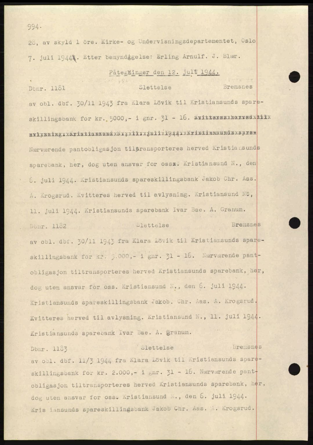 Nordmøre sorenskriveri, AV/SAT-A-4132/1/2/2Ca: Mortgage book no. C81, 1940-1945, Diary no: : 1181/1944