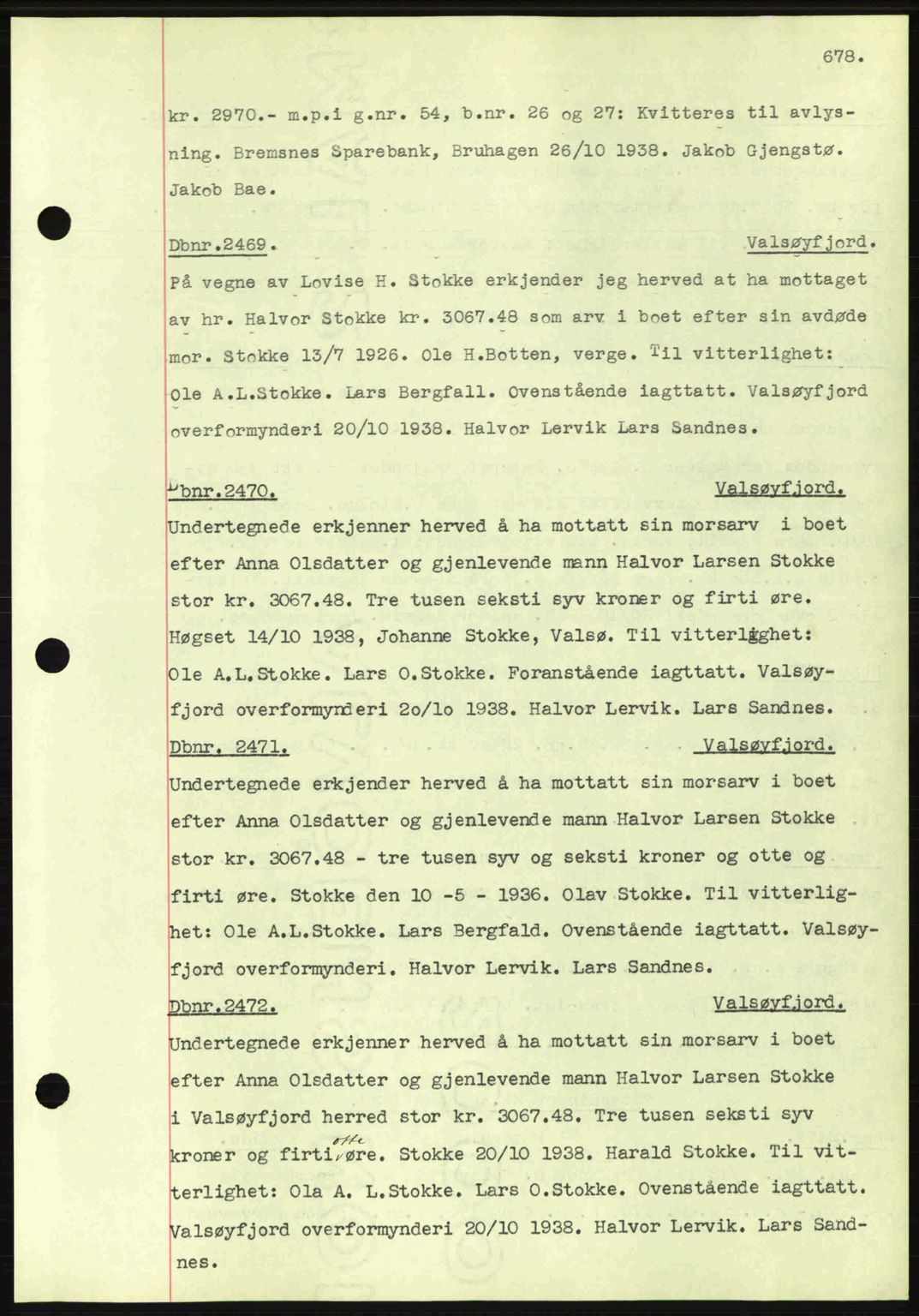 Nordmøre sorenskriveri, AV/SAT-A-4132/1/2/2Ca: Mortgage book no. C80, 1936-1939, Diary no: : 2469/1938