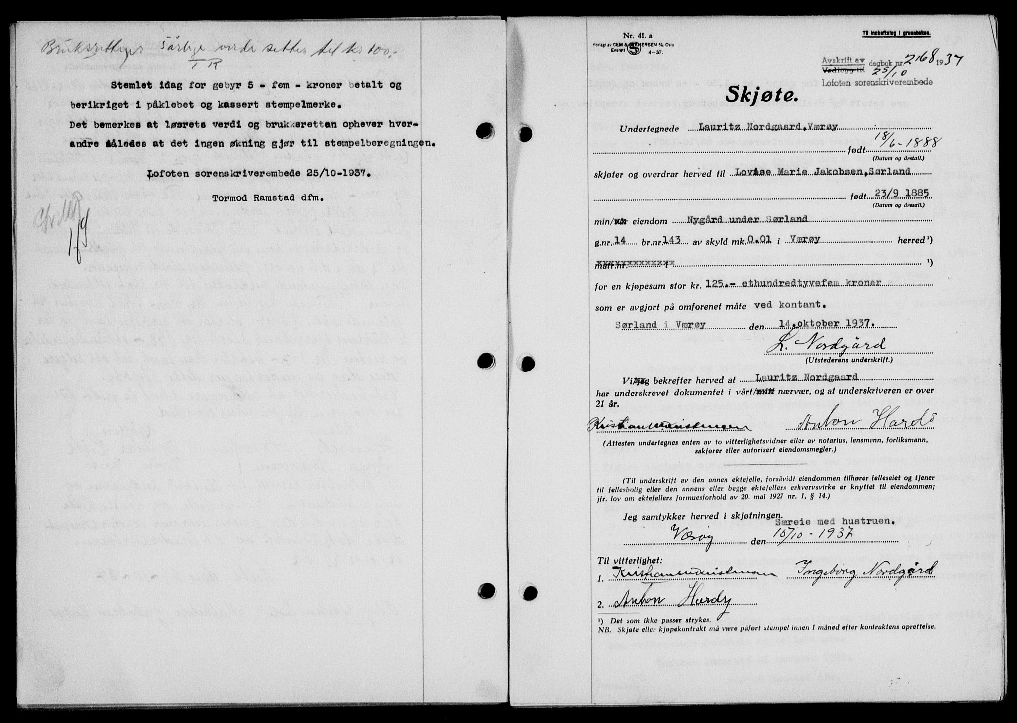 Lofoten sorenskriveri, SAT/A-0017/1/2/2C/L0003a: Mortgage book no. 3a, 1937-1938, Diary no: : 2168/1937