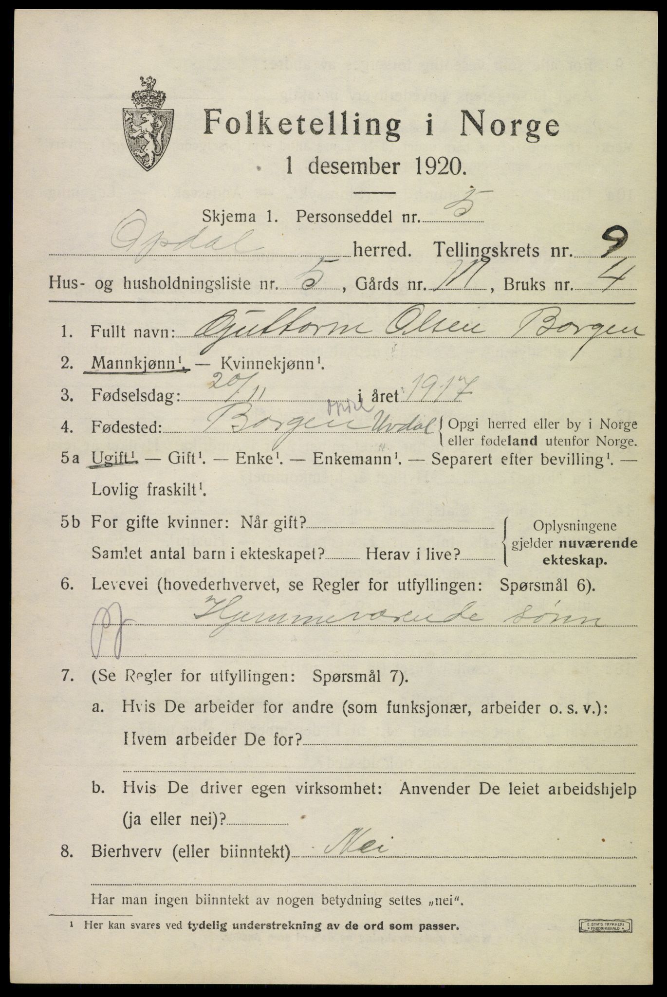 SAKO, 1920 census for Uvdal, 1920, p. 3463