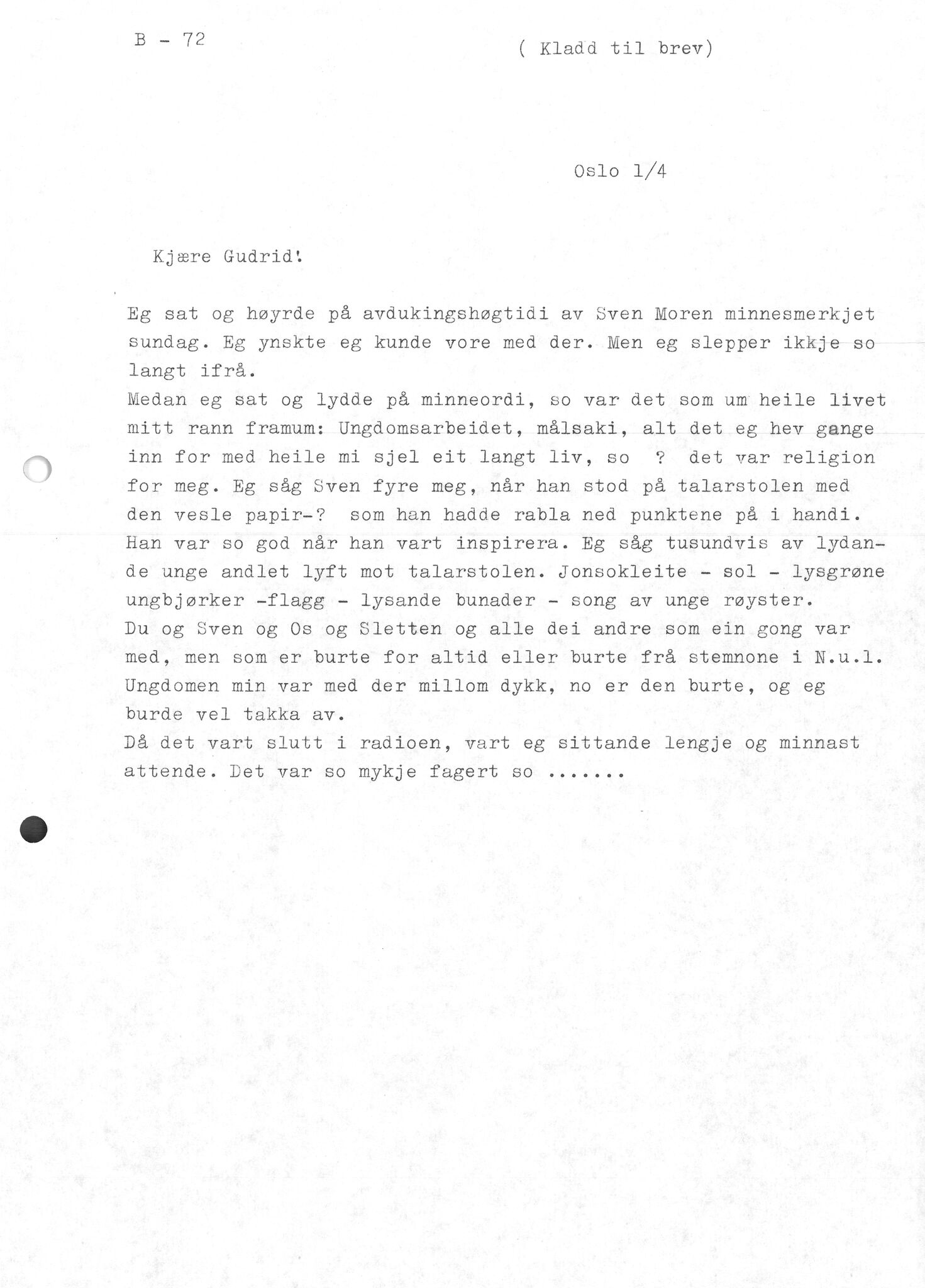 Samling etter Klara Semb, NSFF/KS/B/072: Kladd til artiklar om dans, samt brev om Sven Moren, p. 1
