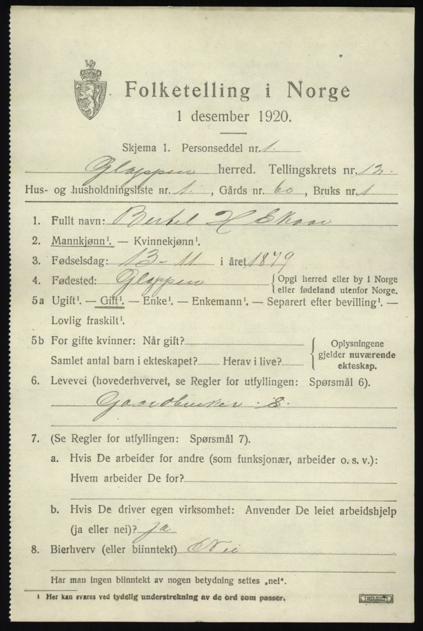 SAB, 1920 census for Gloppen, 1920, p. 6068