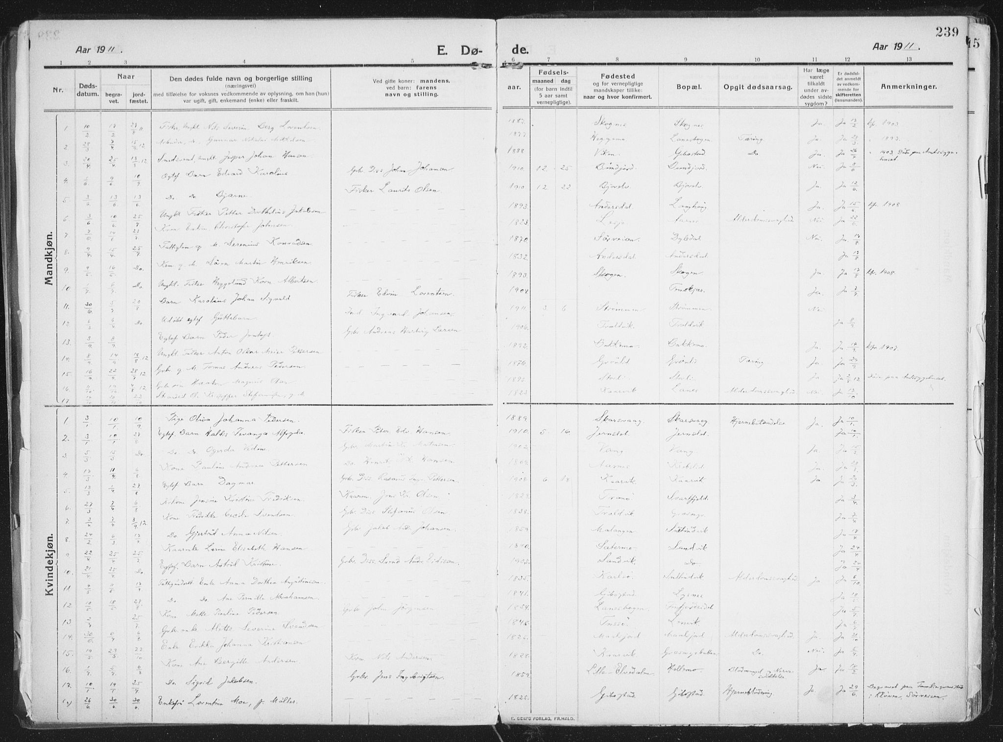 Lenvik sokneprestembete, SATØ/S-1310/H/Ha/Haa/L0016kirke: Parish register (official) no. 16, 1910-1924, p. 239