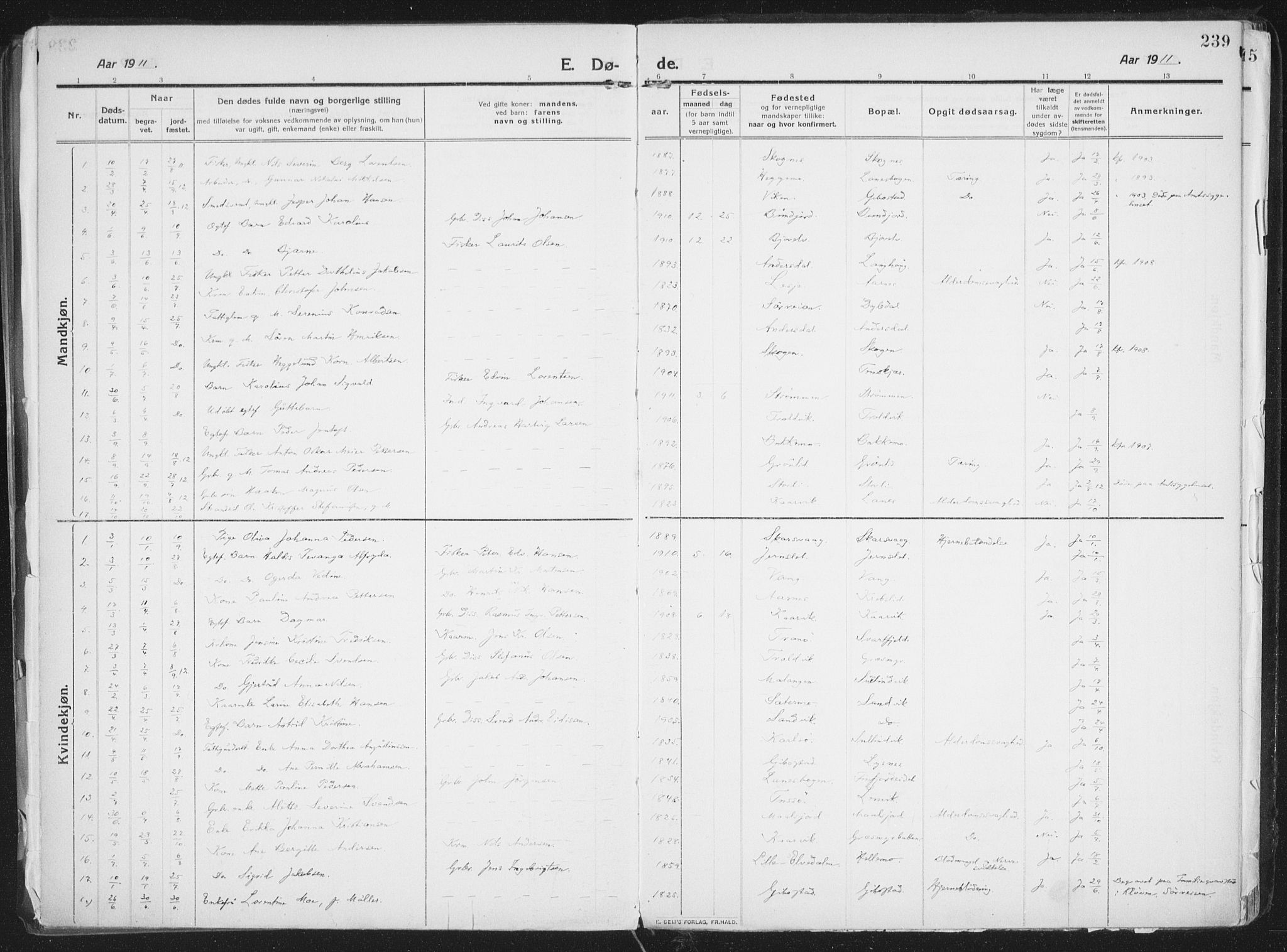 Lenvik sokneprestembete, AV/SATØ-S-1310/H/Ha/Haa/L0016kirke: Parish register (official) no. 16, 1910-1924, p. 239