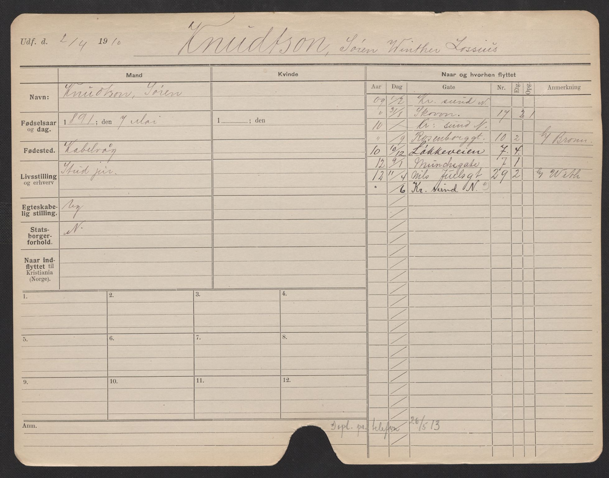 Oslo folkeregister, Registerkort, AV/SAO-A-11715/F/Fa/Fac/L0006: Menn, 1906-1914, p. 424a