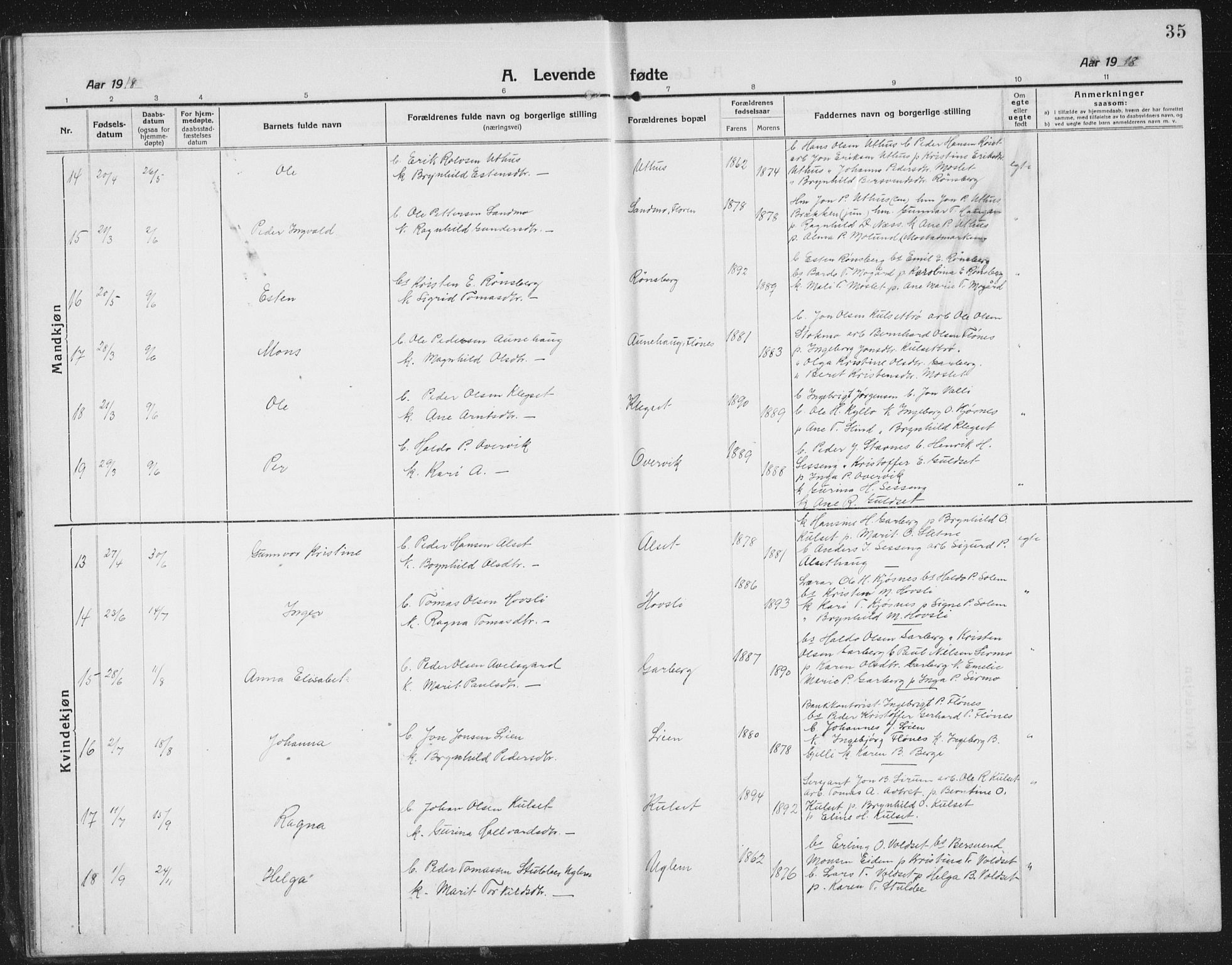 Ministerialprotokoller, klokkerbøker og fødselsregistre - Sør-Trøndelag, AV/SAT-A-1456/695/L1158: Parish register (copy) no. 695C09, 1913-1940, p. 35