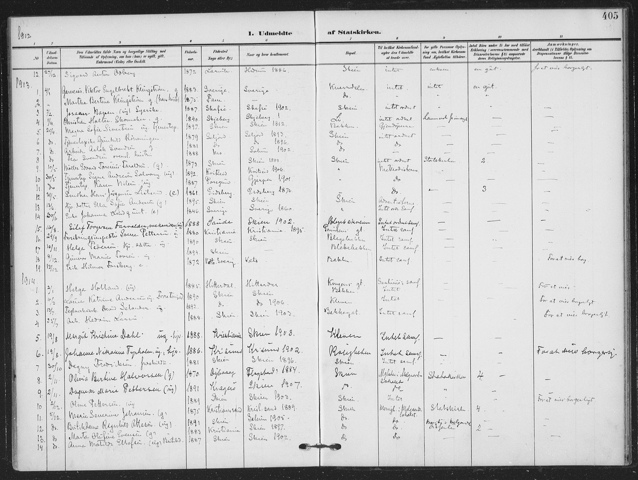 Skien kirkebøker, SAKO/A-302/F/Fa/L0012: Parish register (official) no. 12, 1908-1914, p. 405