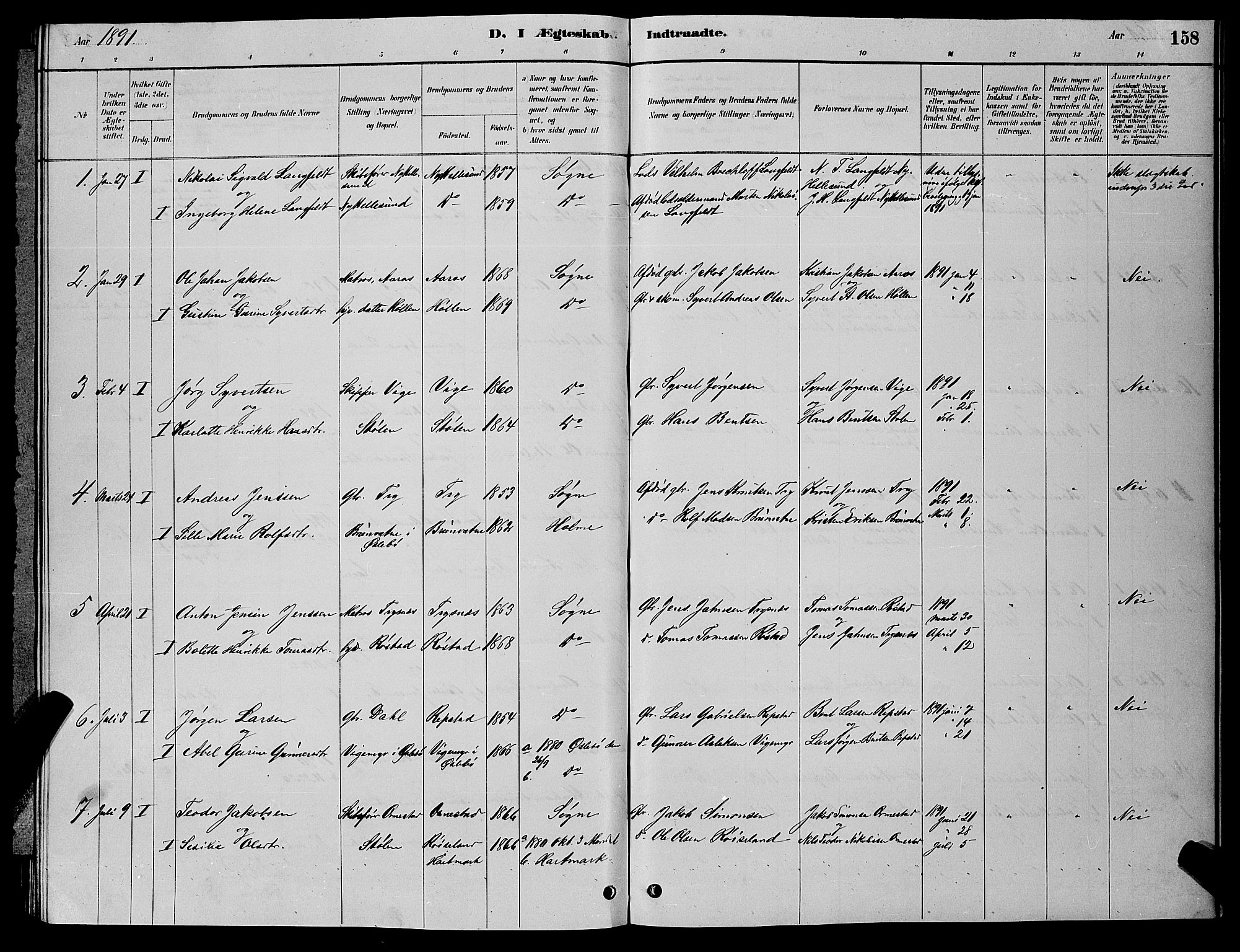 Søgne sokneprestkontor, SAK/1111-0037/F/Fb/Fbb/L0005: Parish register (copy) no. B 5, 1884-1891, p. 158