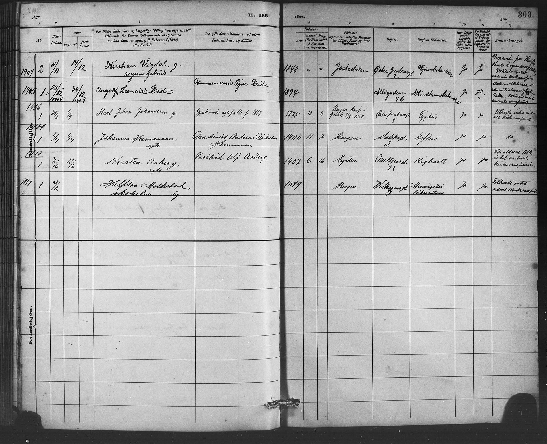 Johanneskirken sokneprestembete, SAB/A-76001/H/Hab: Parish register (copy) no. D 1, 1885-1915, p. 303