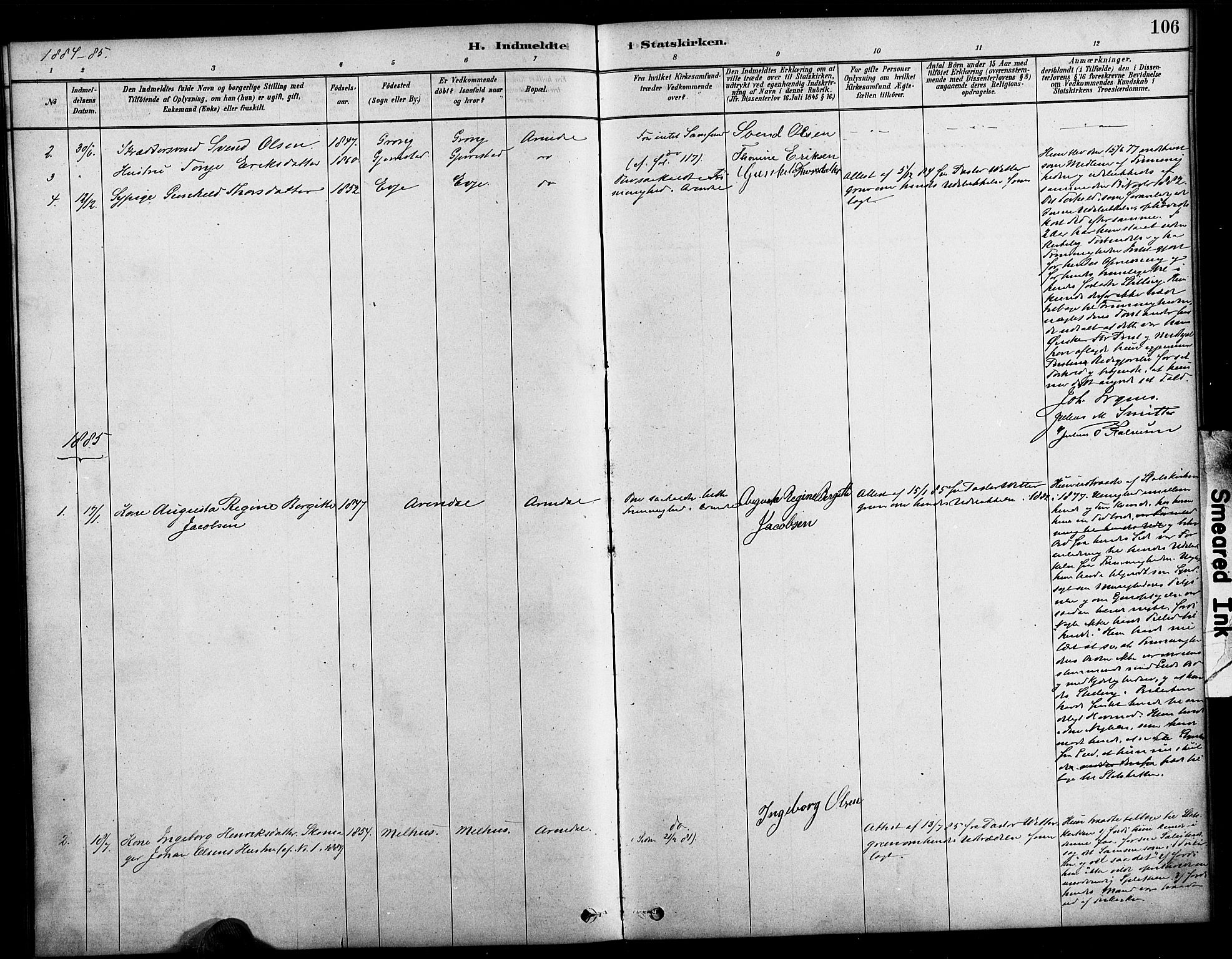 Arendal sokneprestkontor, Trefoldighet, SAK/1111-0040/F/Fa/L0009: Parish register (official) no. A 9, 1878-1919, p. 106