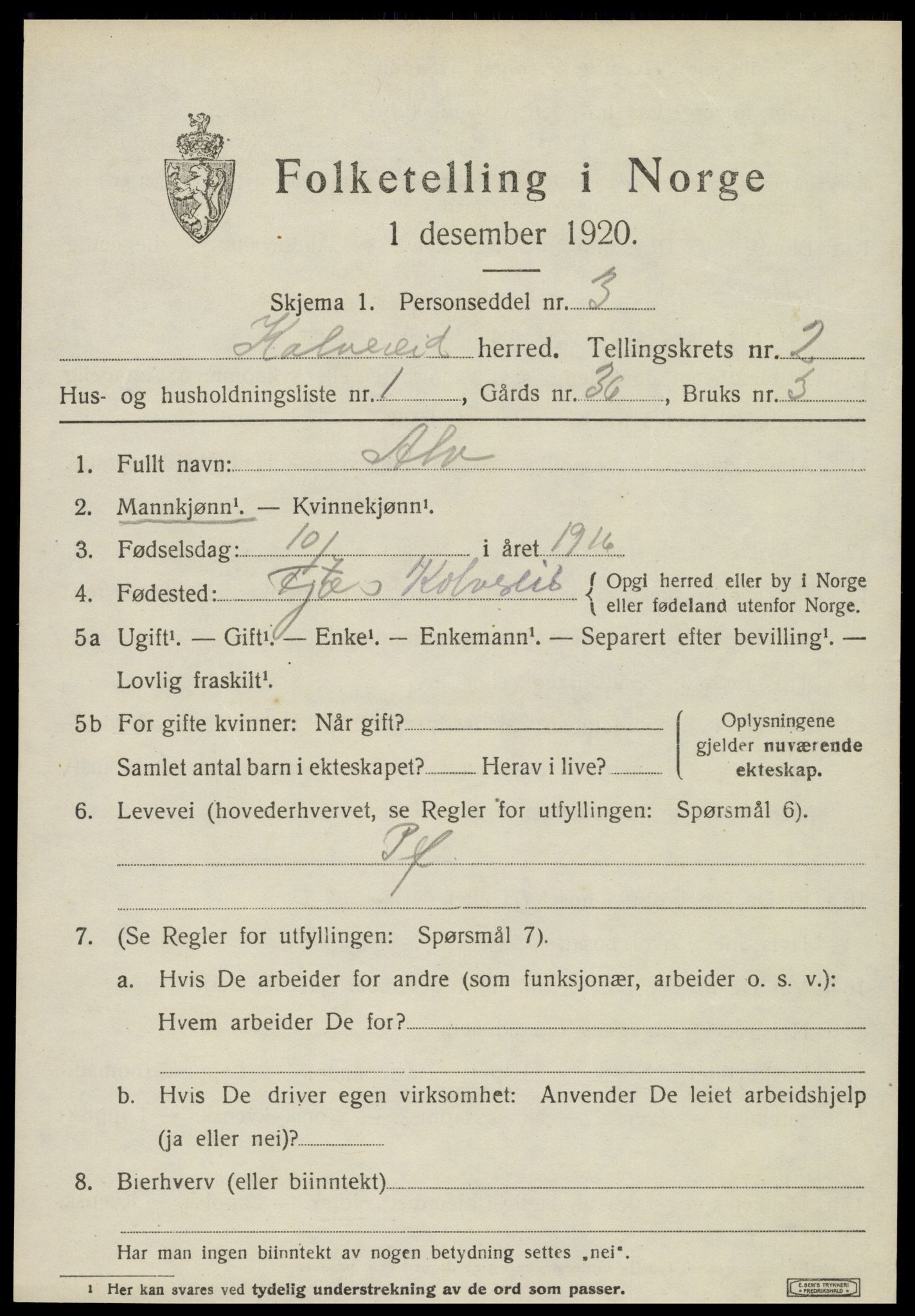 SAT, 1920 census for Kolvereid, 1920, p. 1505