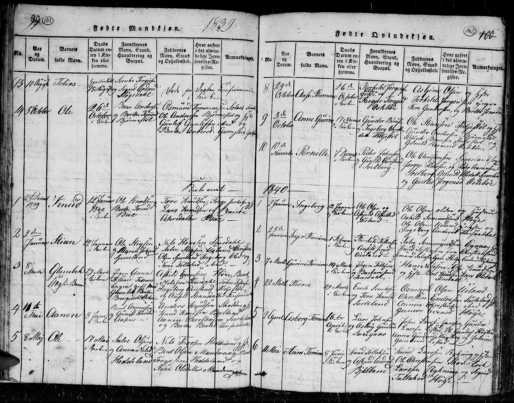 Holum sokneprestkontor, AV/SAK-1111-0022/F/Fb/Fbc/L0001: Parish register (copy) no. B 1, 1820-1859, p. 101-102