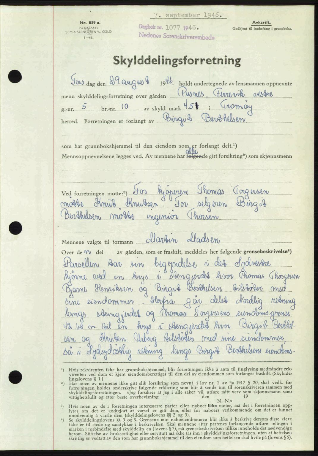 Nedenes sorenskriveri, AV/SAK-1221-0006/G/Gb/Gba/L0056: Mortgage book no. A8, 1946-1947, Diary no: : 1077/1946