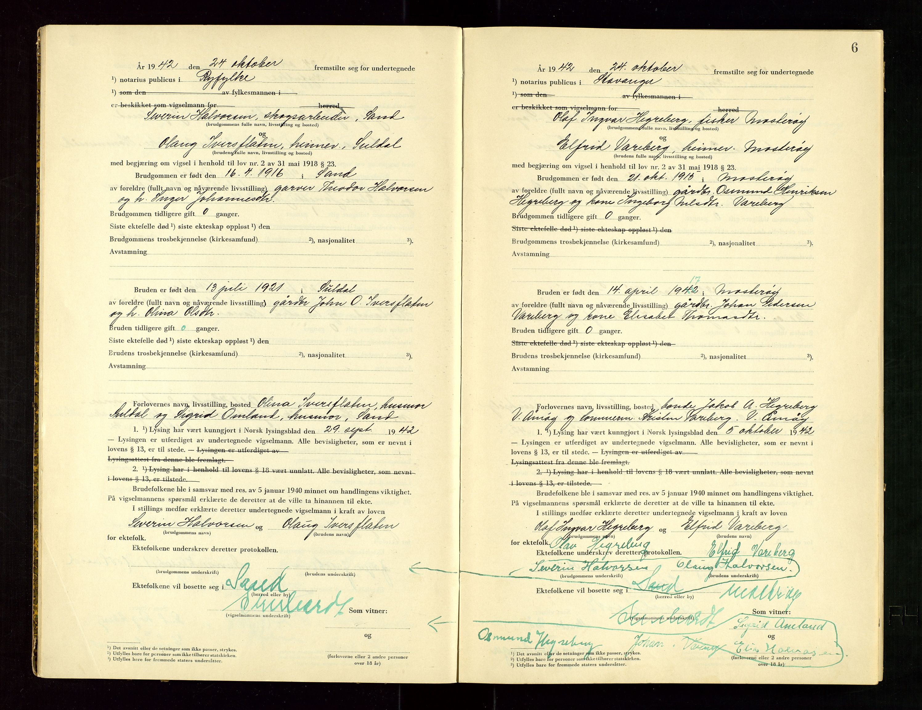 Ryfylke tingrett, AV/SAST-A-100055/001/III/IIIC/L0002: Vigselbok, 1942-1943, p. 6