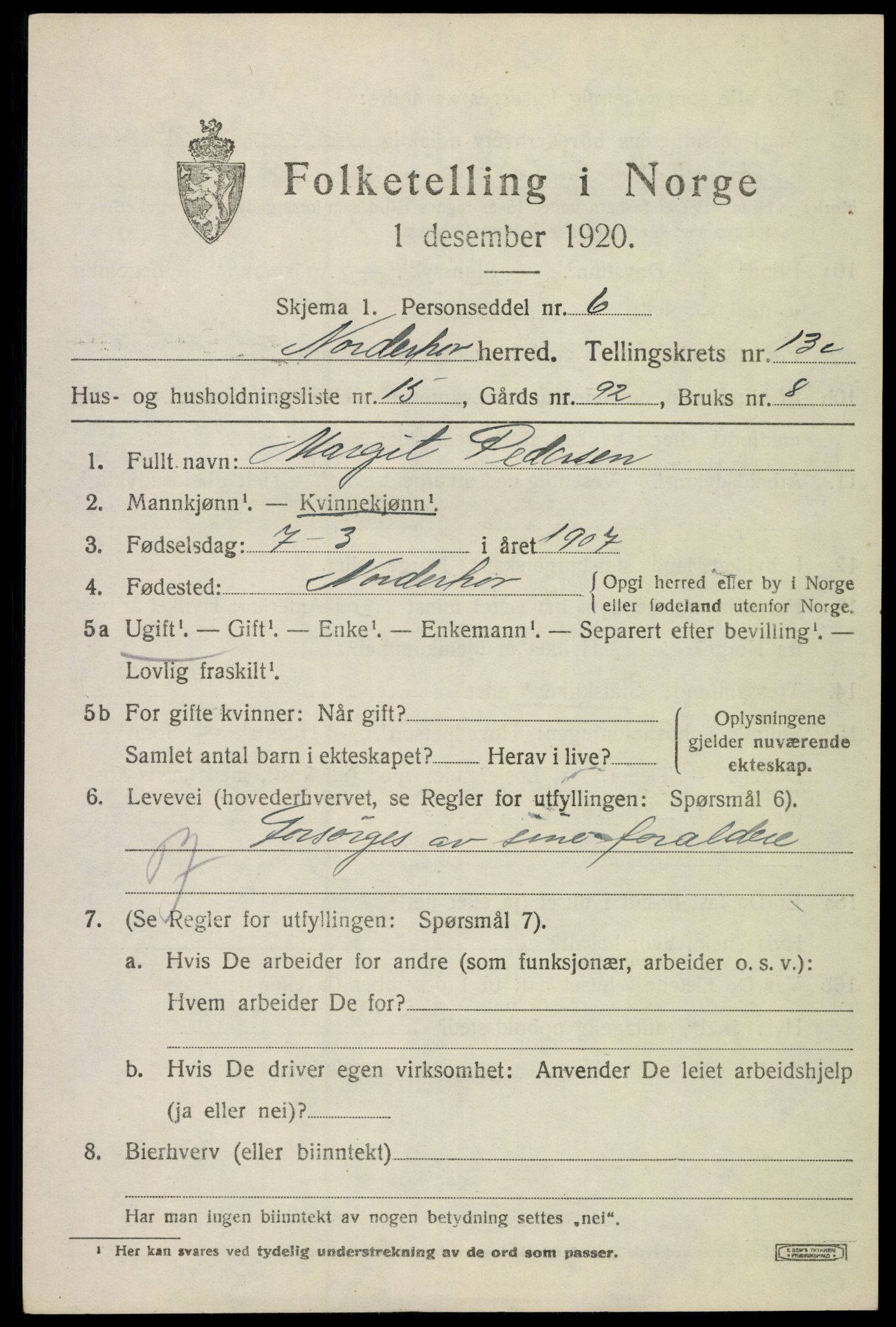 SAKO, 1920 census for Norderhov, 1920, p. 14770