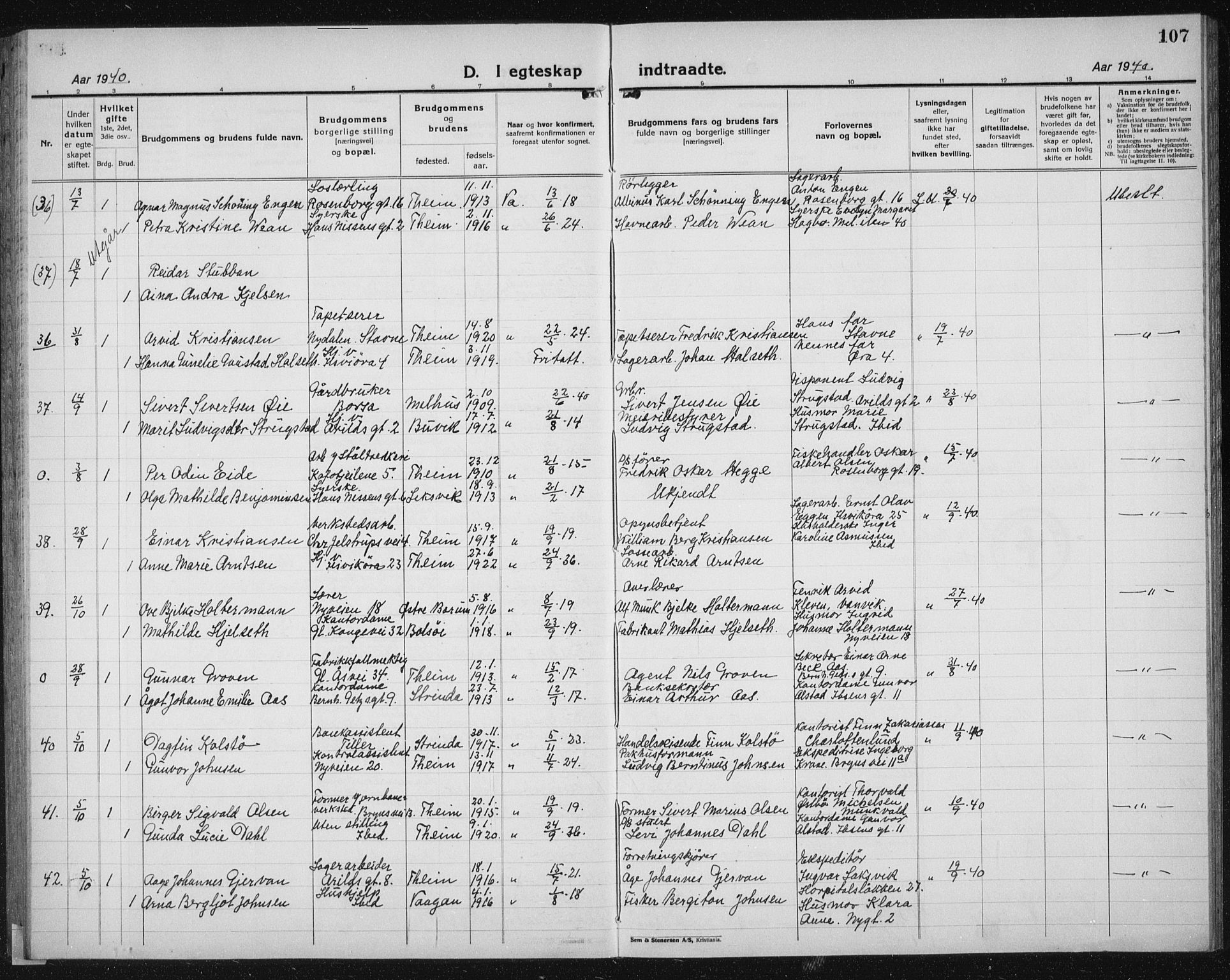 Ministerialprotokoller, klokkerbøker og fødselsregistre - Sør-Trøndelag, AV/SAT-A-1456/603/L0176: Parish register (copy) no. 603C04, 1923-1941, p. 107