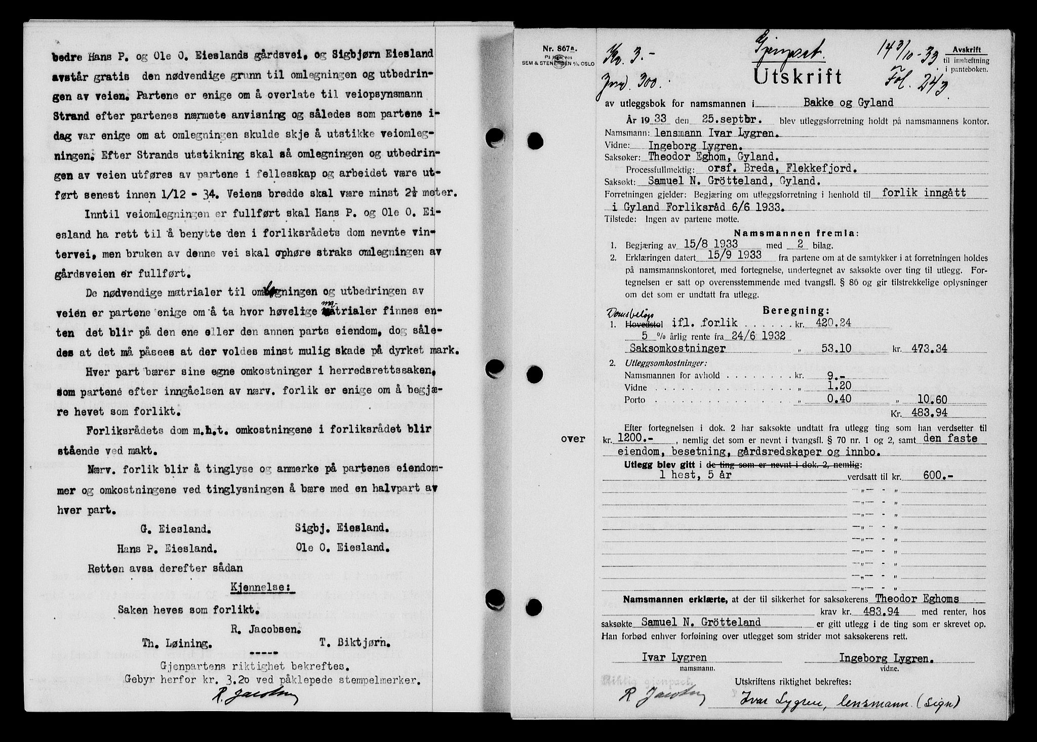 Flekkefjord sorenskriveri, SAK/1221-0001/G/Gb/Gba/L0049: Mortgage book no. 46, 1933-1934, Deed date: 03.10.1933