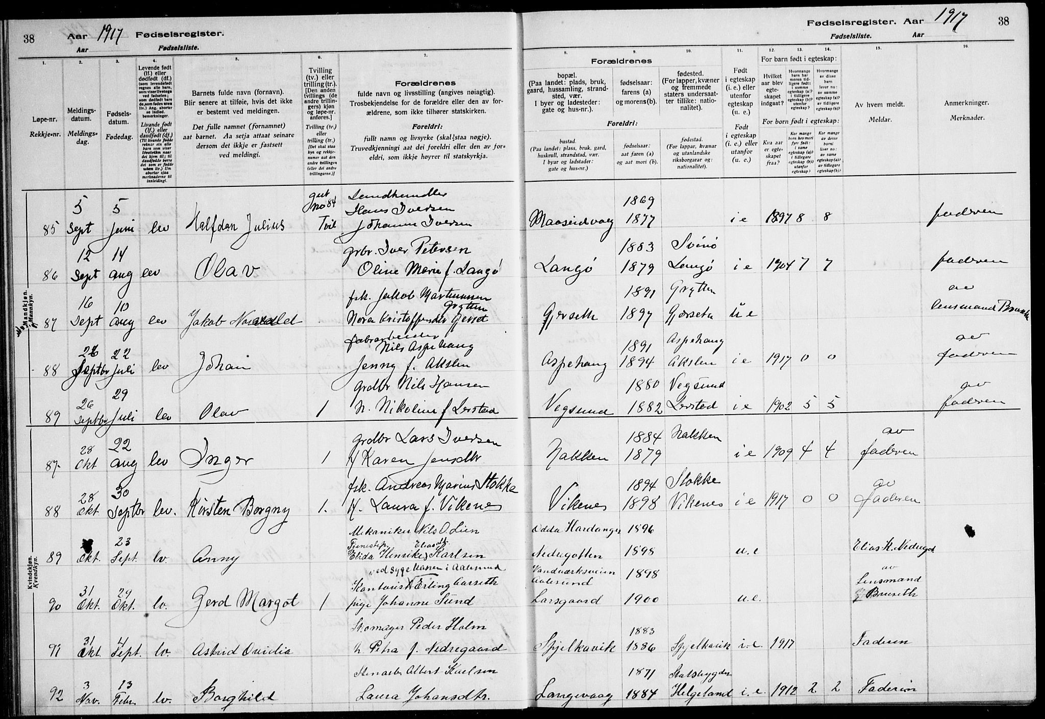 Ministerialprotokoller, klokkerbøker og fødselsregistre - Møre og Romsdal, AV/SAT-A-1454/528/L0442: Birth register no. 528.II.4.1, 1916-1924, p. 38