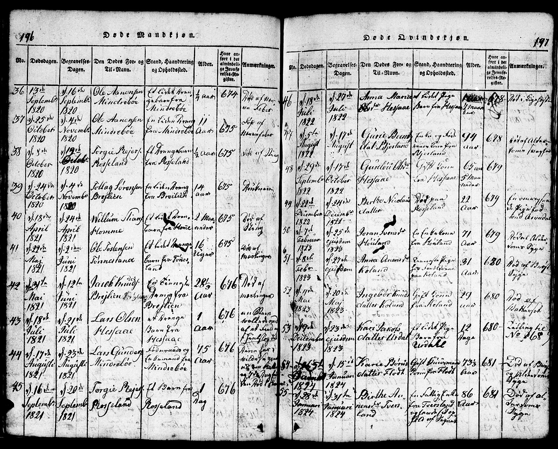 Bjelland sokneprestkontor, SAK/1111-0005/F/Fb/Fba/L0003: Parish register (copy) no. B 3, 1816-1870, p. 196-197
