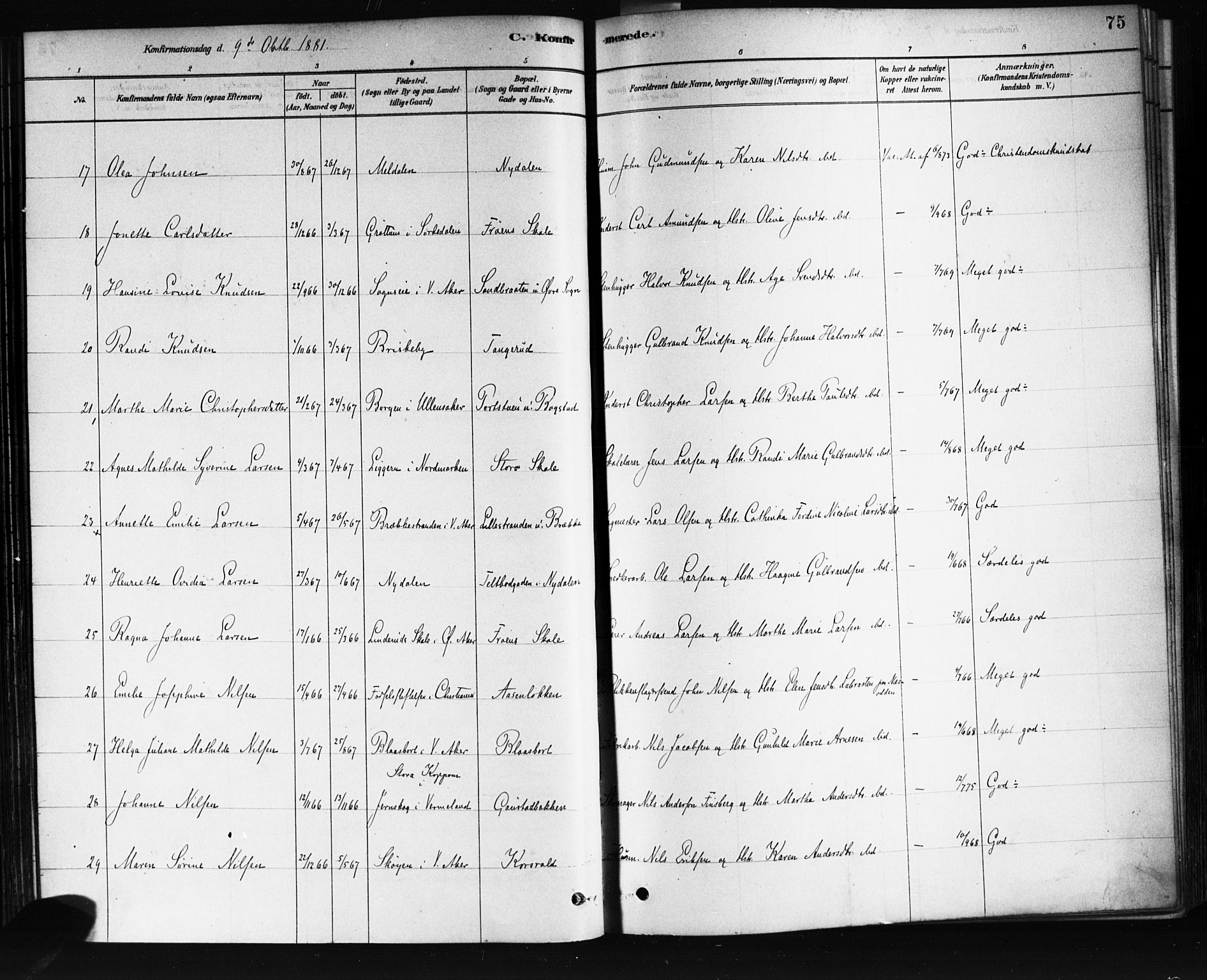 Vestre Aker prestekontor Kirkebøker, AV/SAO-A-10025/F/Fa/L0008: Parish register (official) no. 8, 1878-1903, p. 75