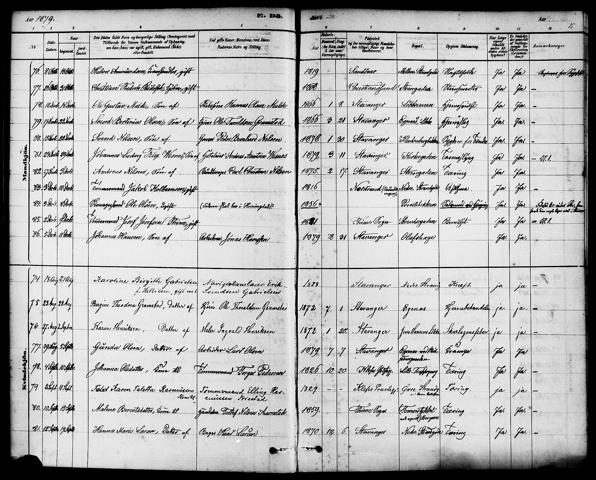 Domkirken sokneprestkontor, AV/SAST-A-101812/001/30/30BA/L0027: Parish register (official) no. A 26, 1878-1896, p. 15