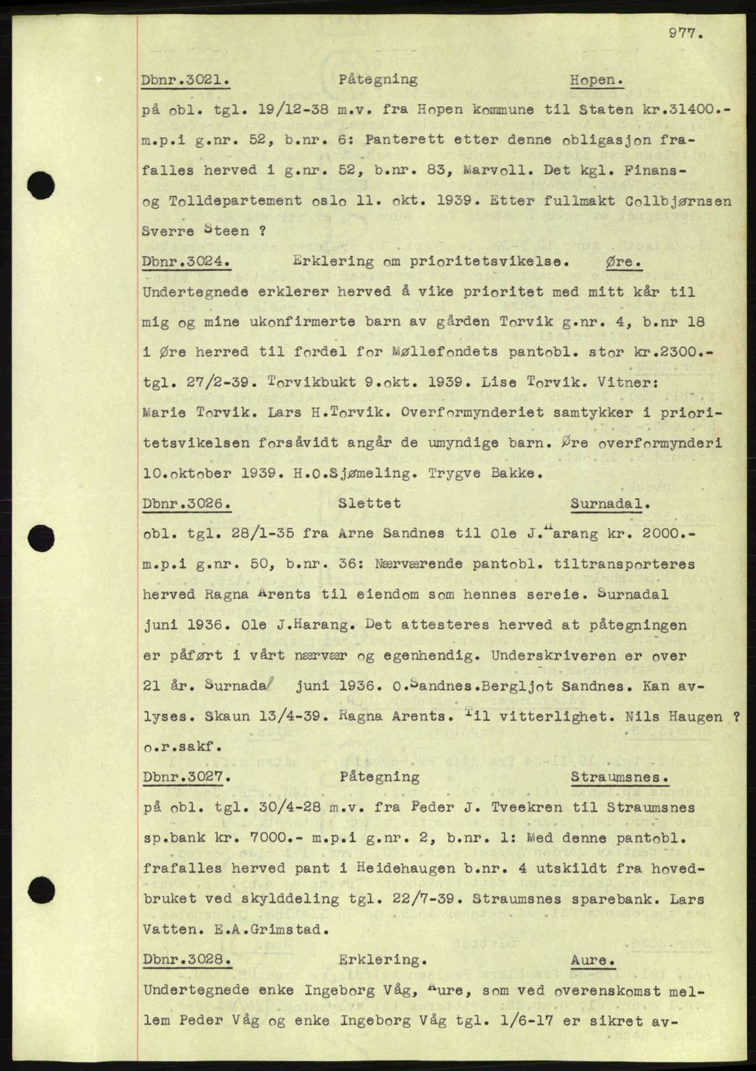 Nordmøre sorenskriveri, AV/SAT-A-4132/1/2/2Ca: Mortgage book no. C80, 1936-1939, Diary no: : 3021/1939